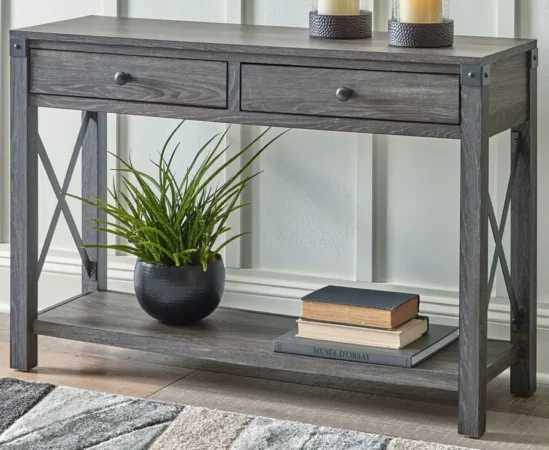 Gray console table with plants and books