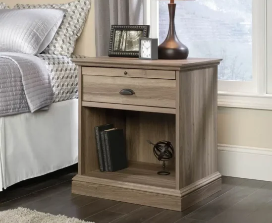 Wooden nightstand with drawer and open shelf.