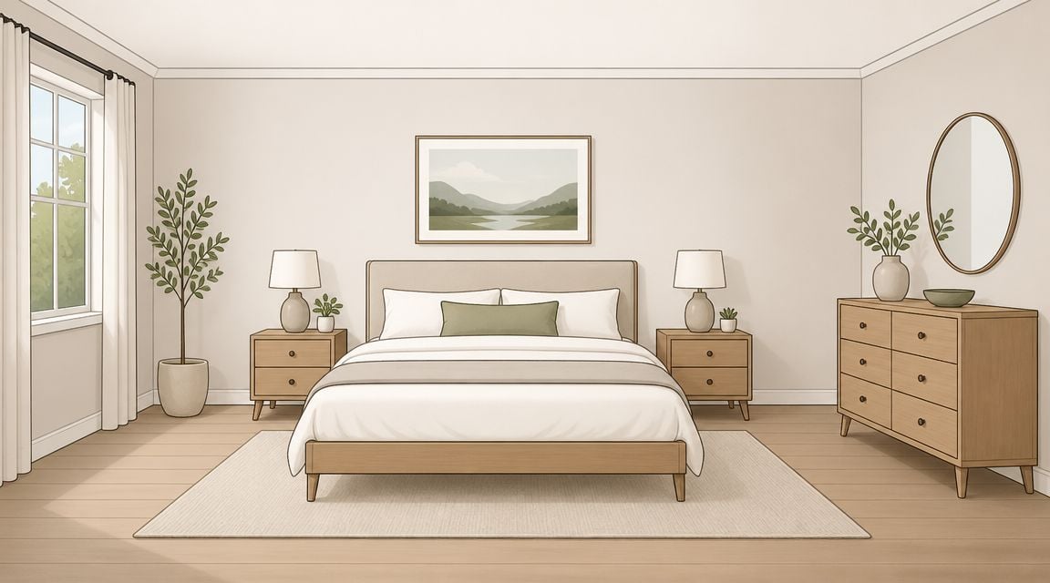 A serene, minimalist bedroom featuring a neutral color palette, wooden furniture, and symmetrical decor for a balanced design.