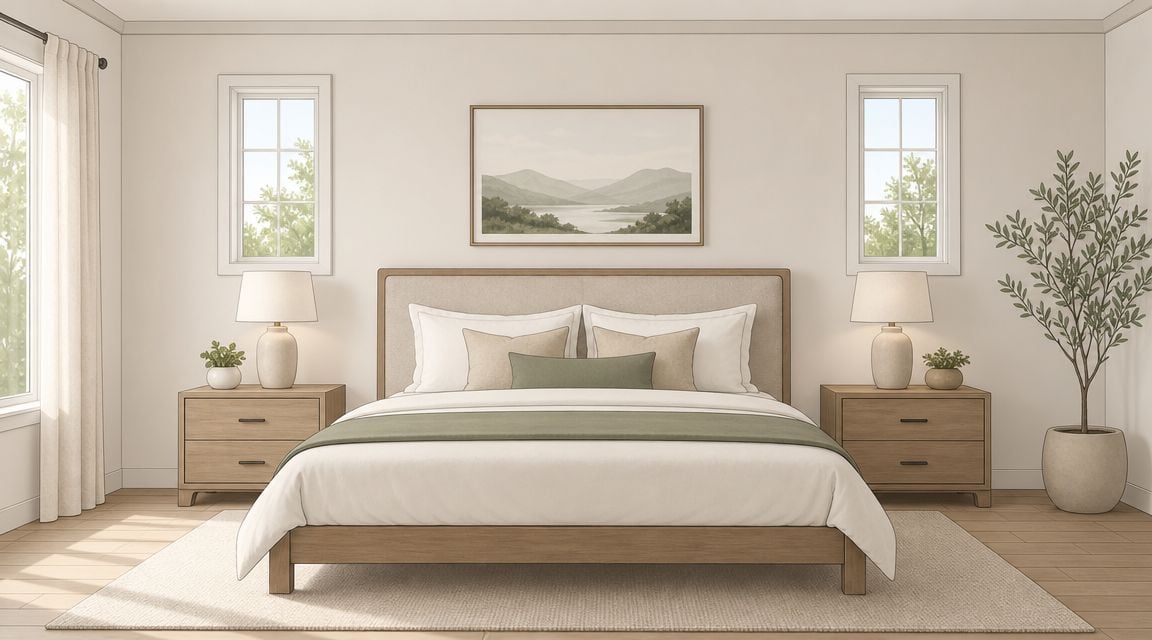 A serene, modern bedroom featuring a wooden bed frame, matching nightstands, and soft, natural color tones.