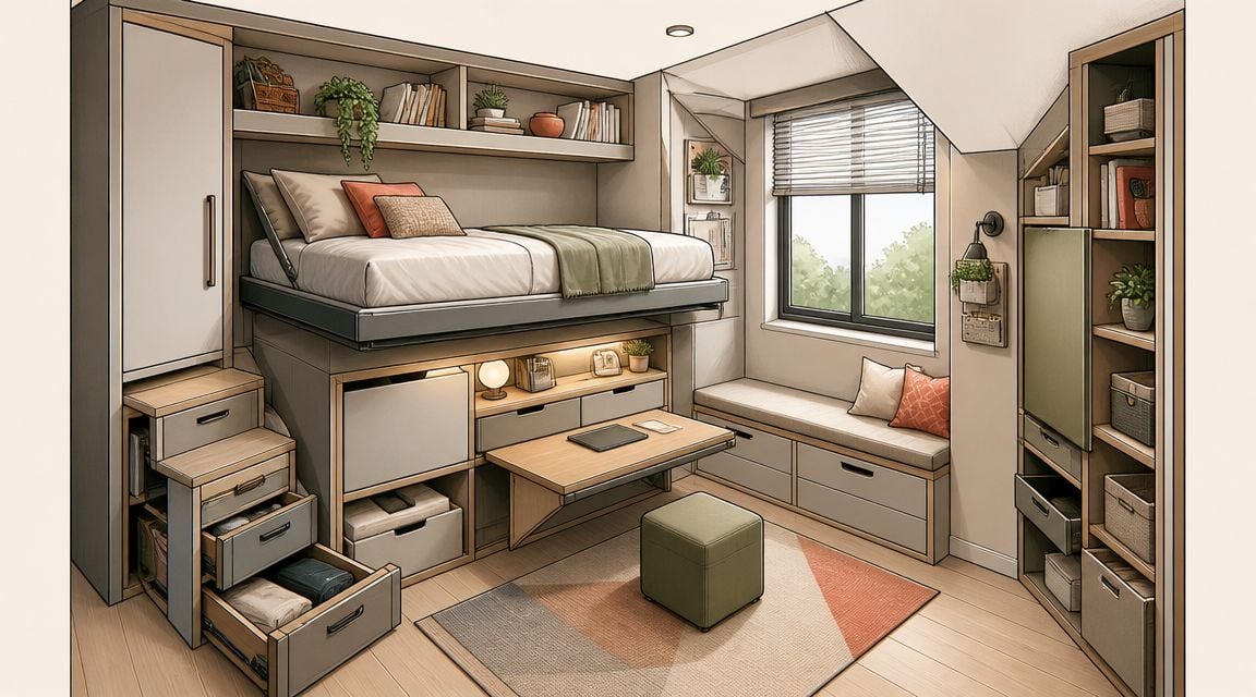 A modern small bedroom featuring a space-saving loft bed with built-in storage drawers and a functional workspace underneath.