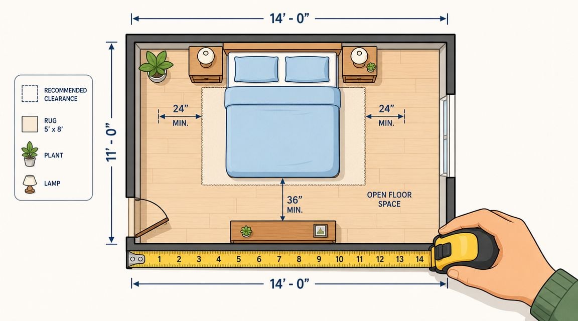 A top-down architectural layout of a bedroom showing furniture placement with dimensions and clearance spacing.