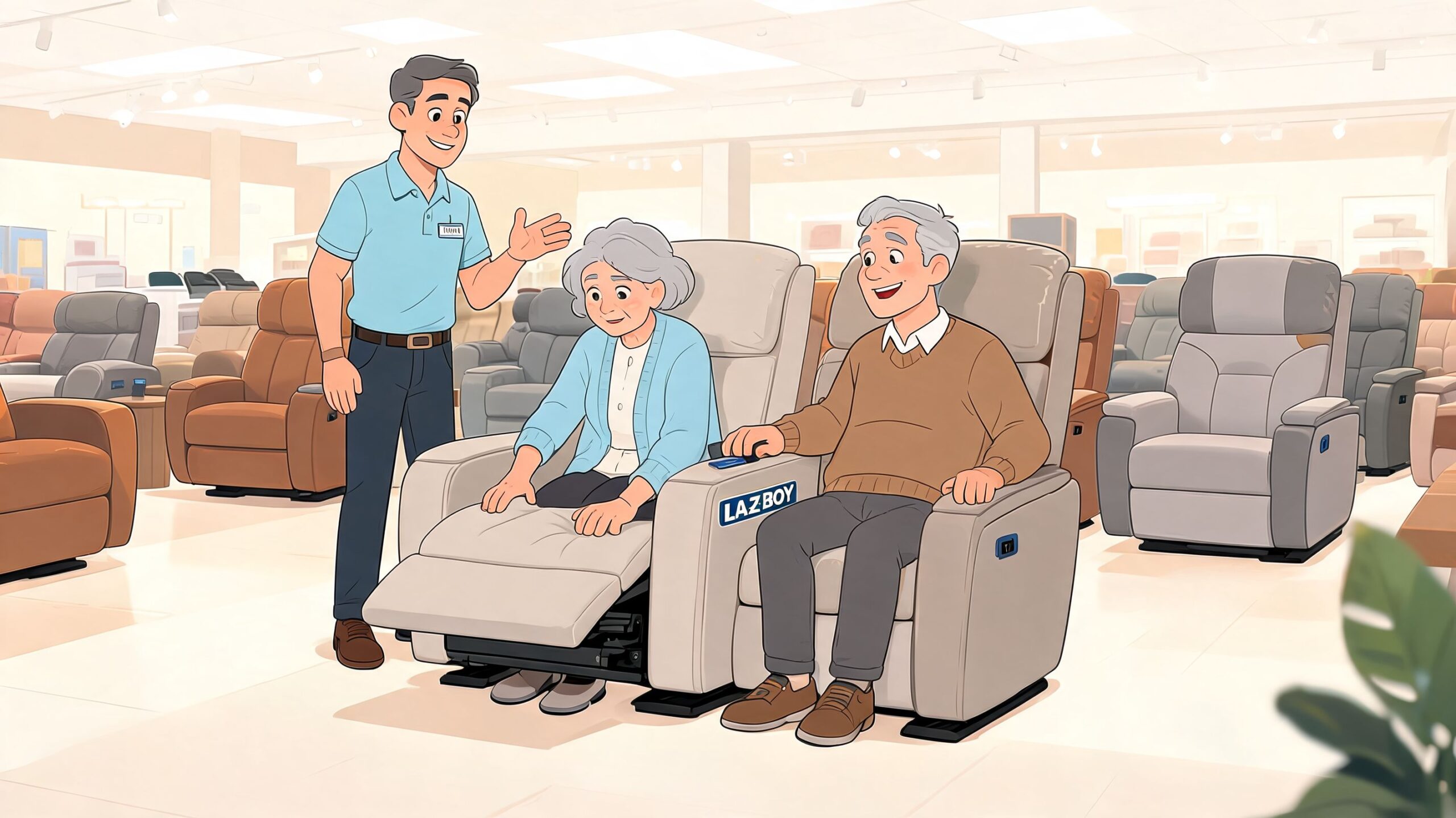 A friendly furniture store associate shows a comfortable La-Z-Boy recliner to an elderly couple shopping together.