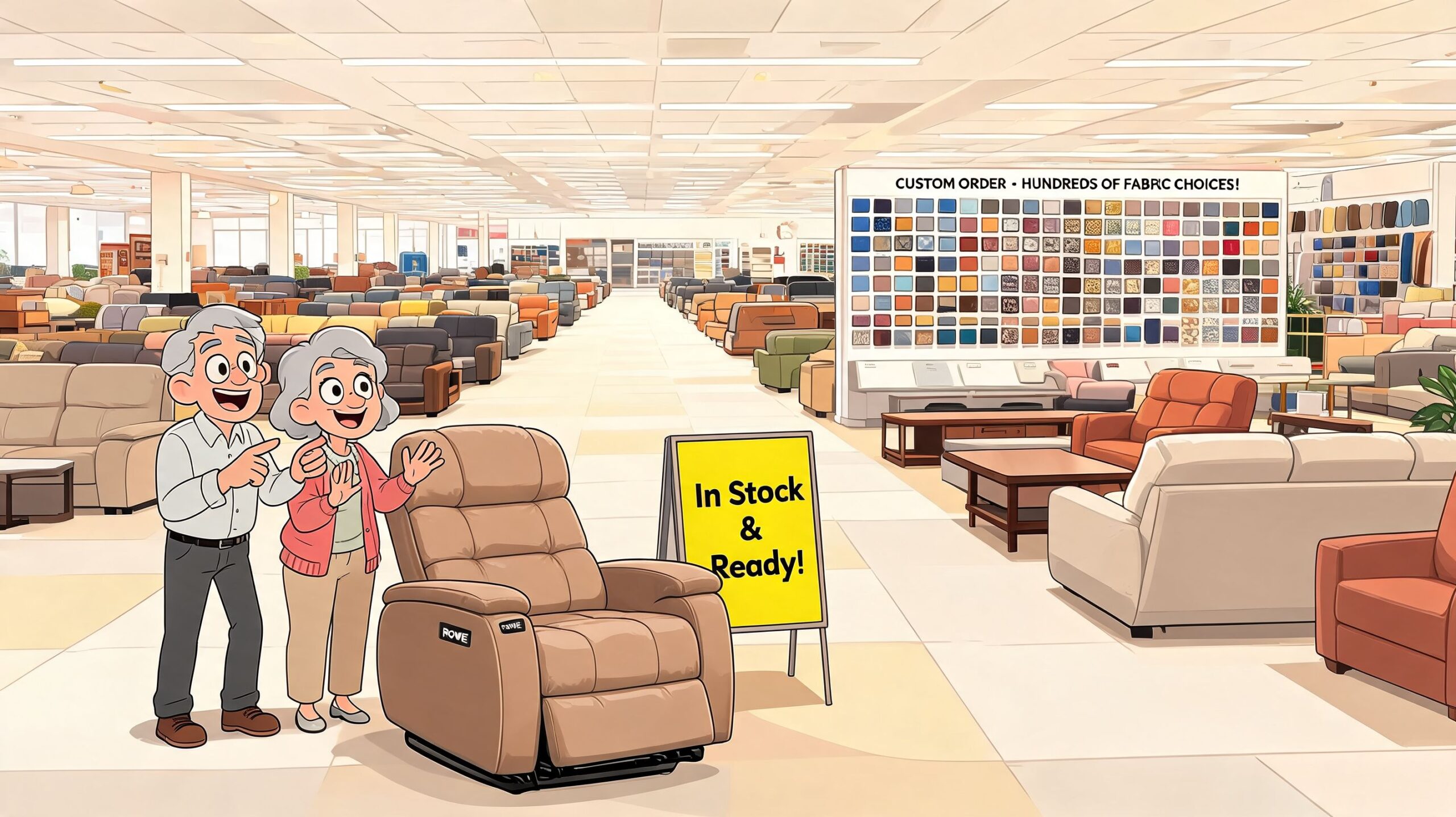 An elderly couple in a furniture store looking at a comfortable beige recliner chair.