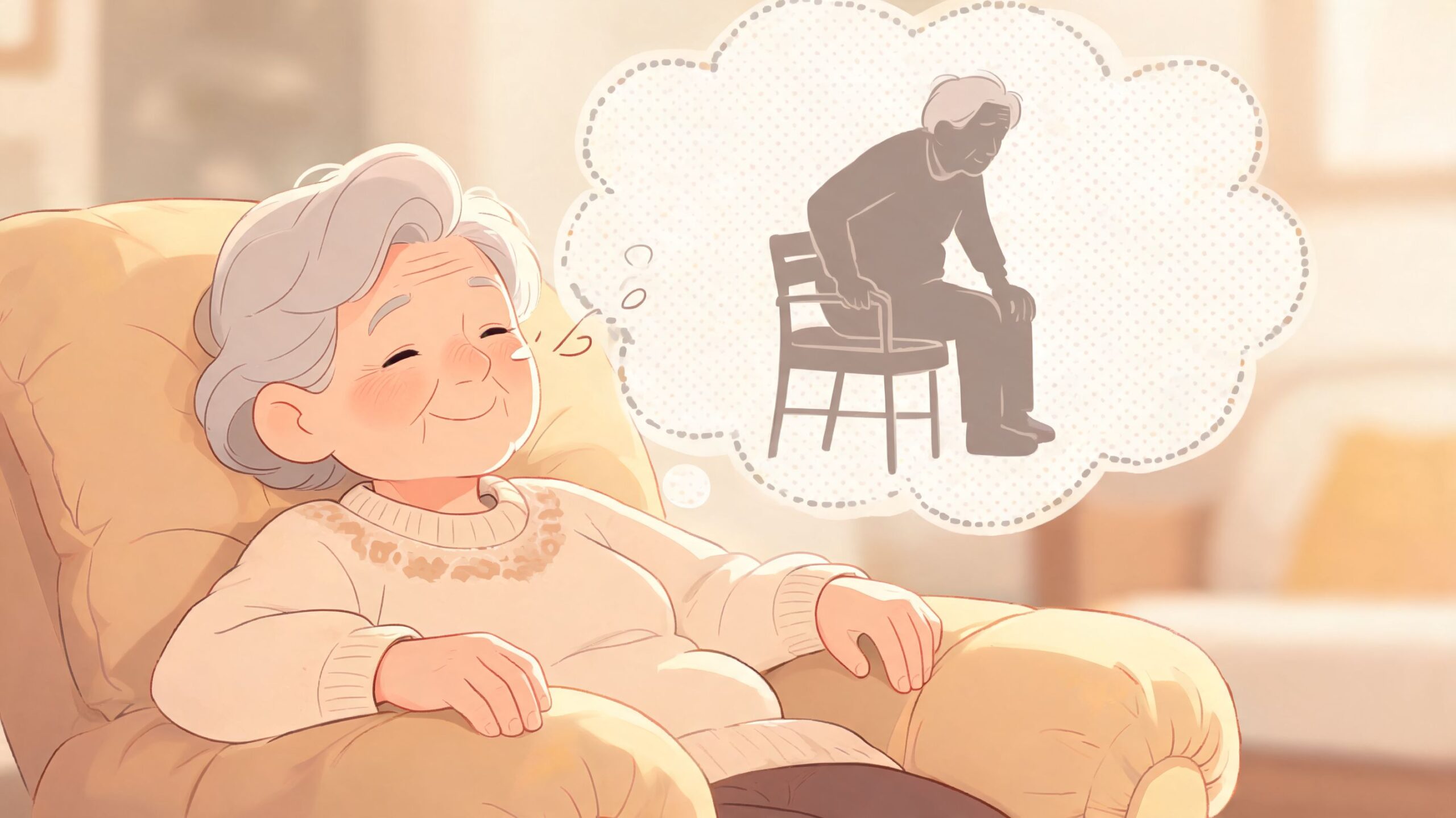 A happy senior woman relaxing in a comfortable recliner while imagining sitting on a firm wooden chair.