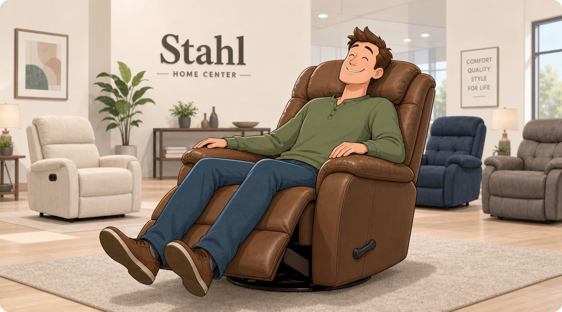 A happy man relaxing comfortably in a brown leather recliner chair at a home furniture showroom.