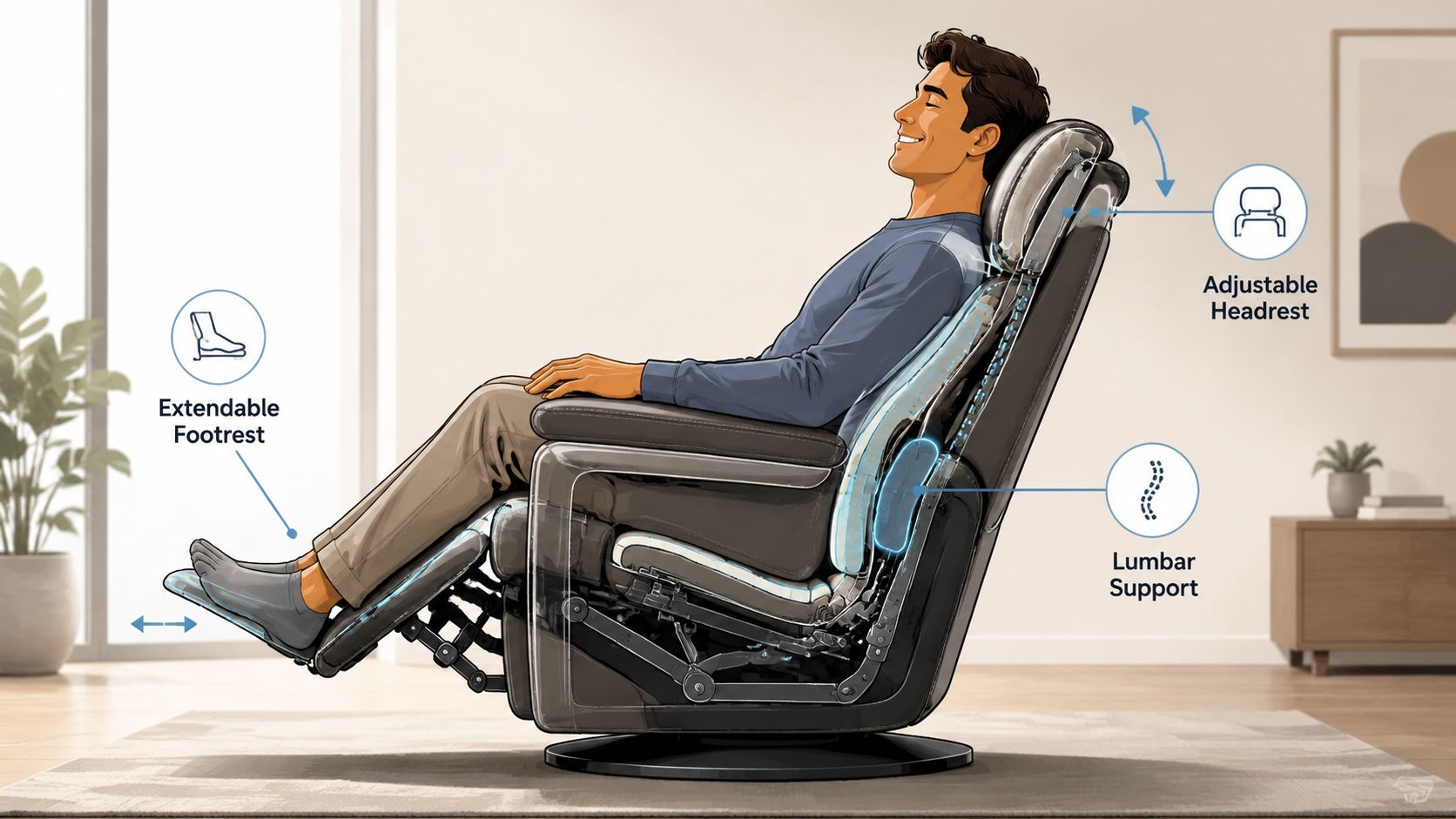 A man relaxing in a modern ergonomic recliner chair featuring an adjustable headrest, extendable footrest, and lumbar support.