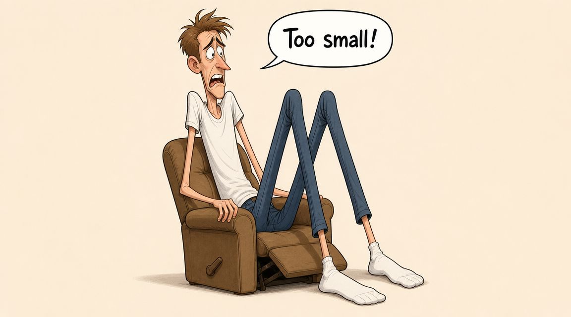 A lanky, tall man looking frustrated and uncomfortable while sitting in a recliner that is too small.