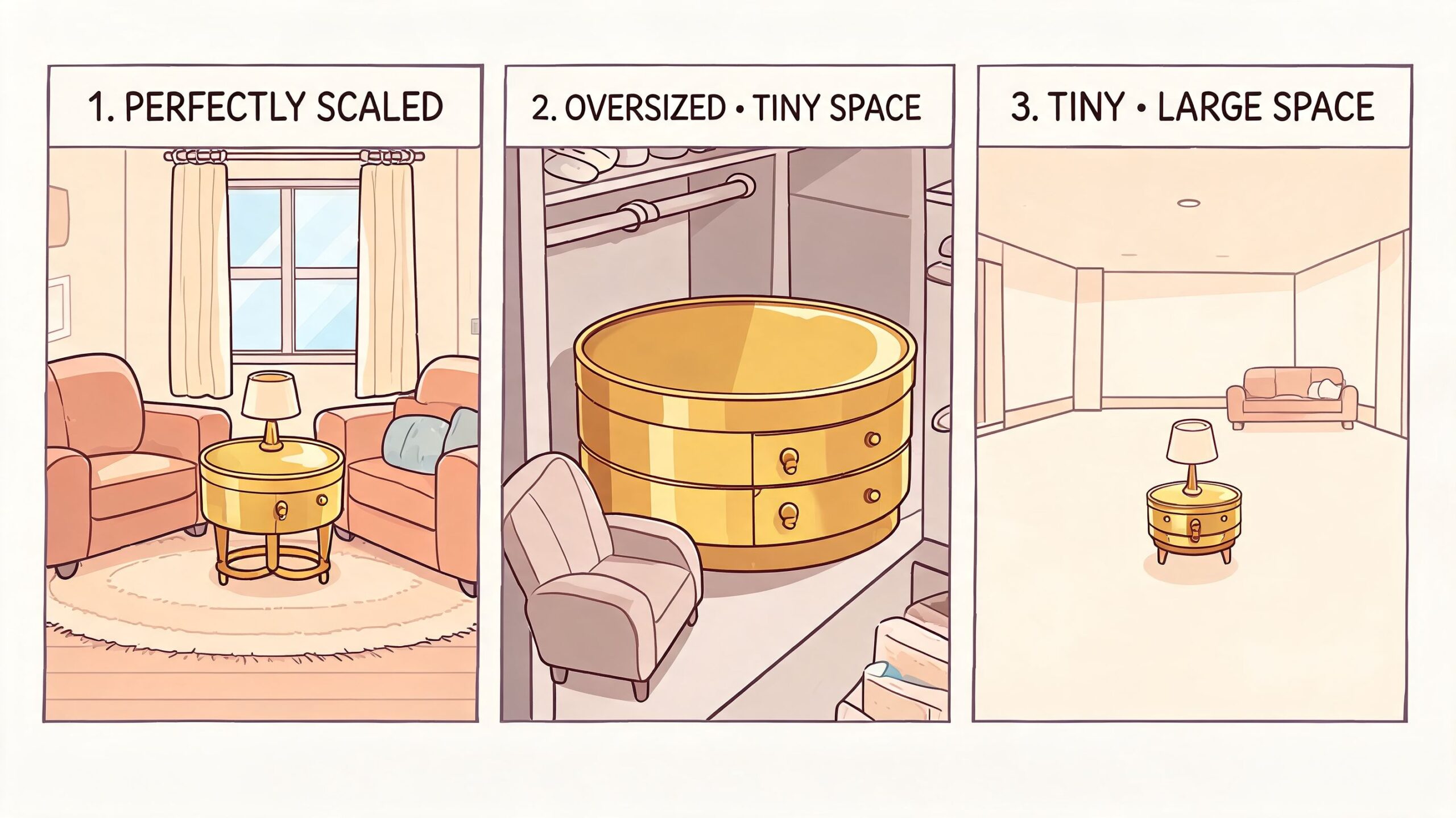 Three illustrations showing the impact of furniture scale on interior design using a gold brass accent table.