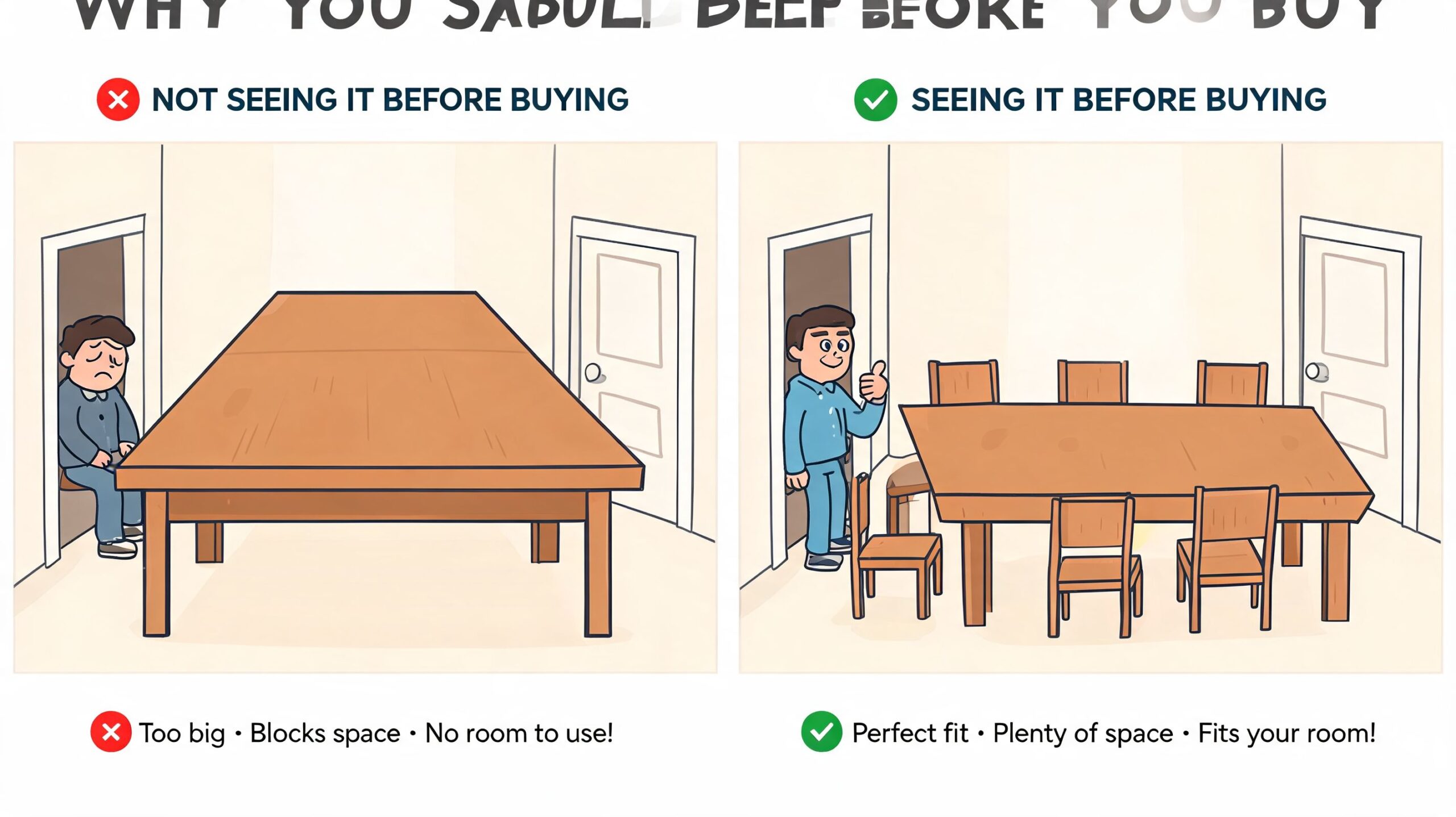 A comparison showing why checking furniture measurements prevents buying an oversized table that blocks room space.