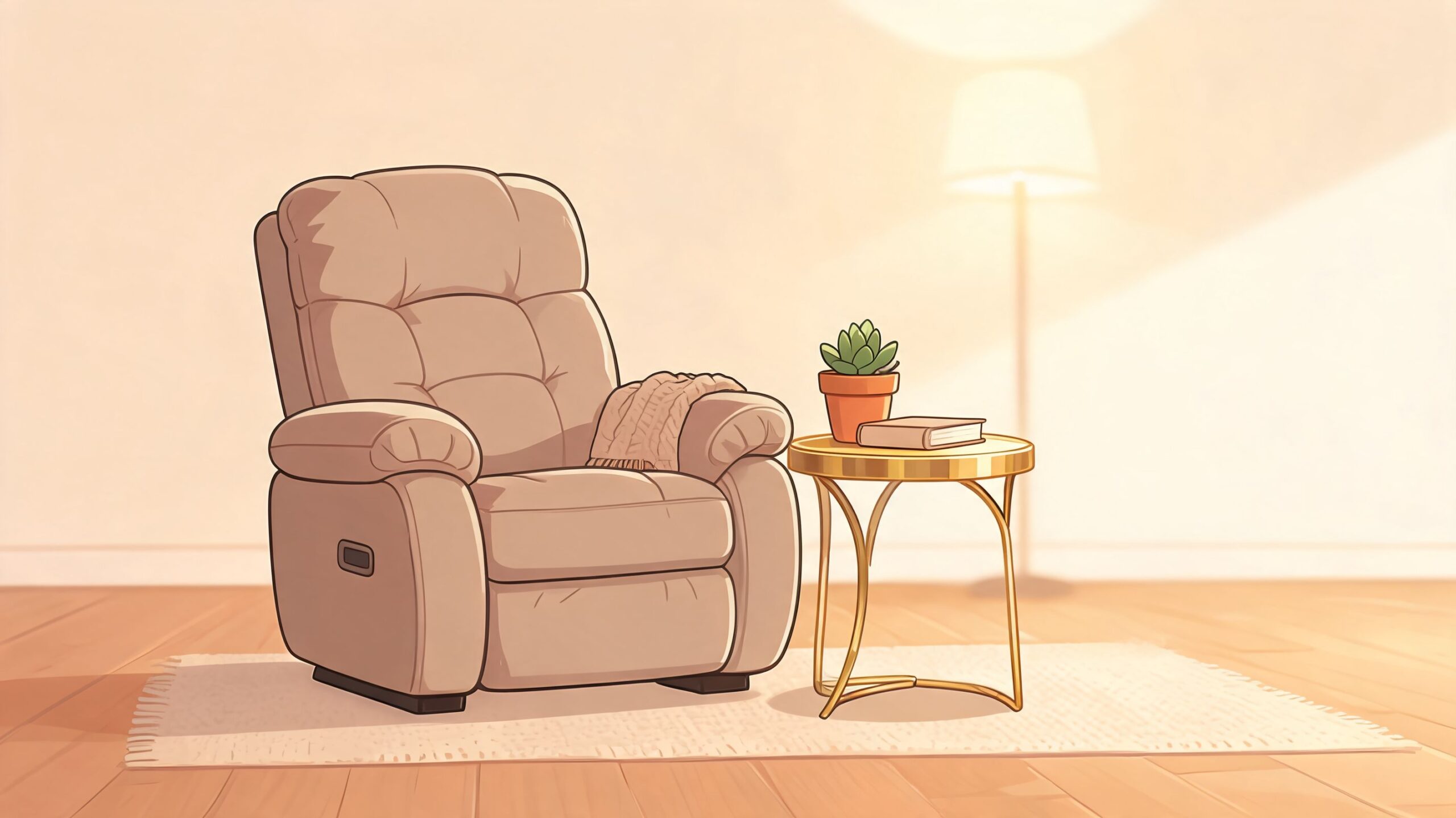 A cozy, beige recliner chair next to a small brass accent table with a potted succulent.