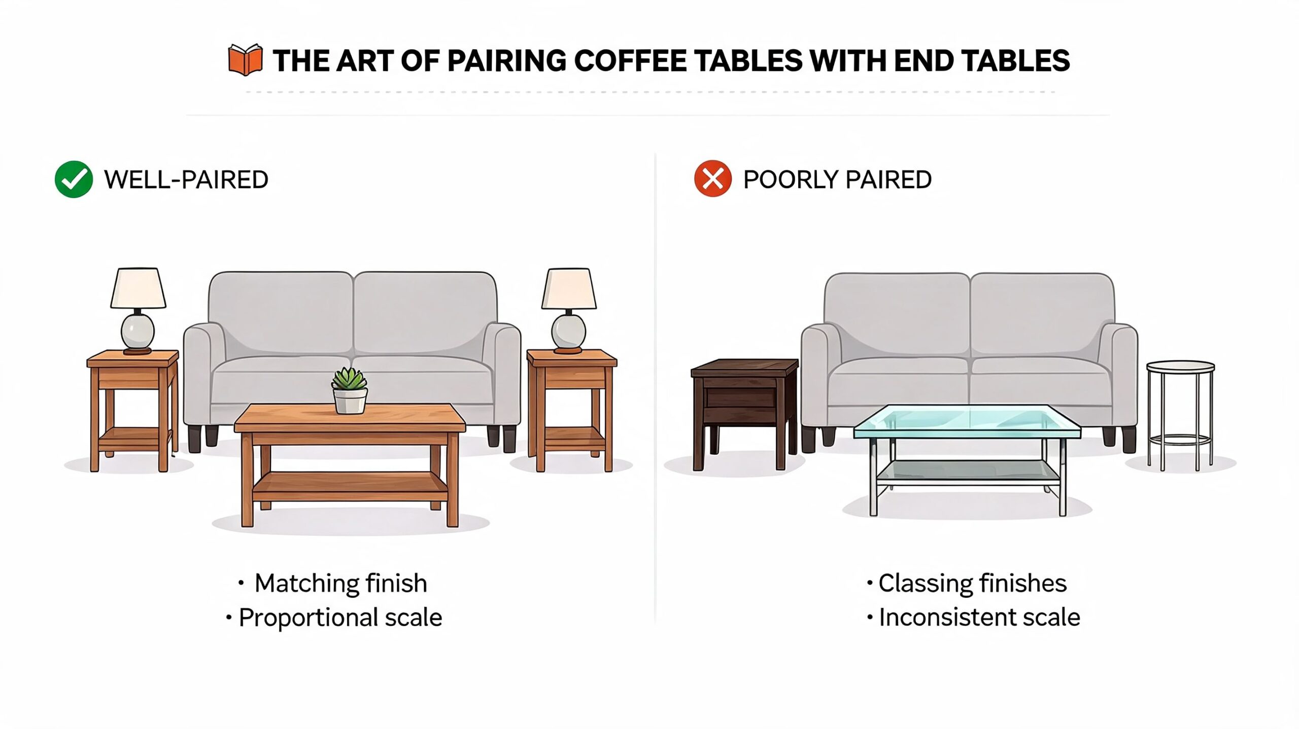 A diagram comparing well-paired and poorly paired coffee tables and end tables for interior design.