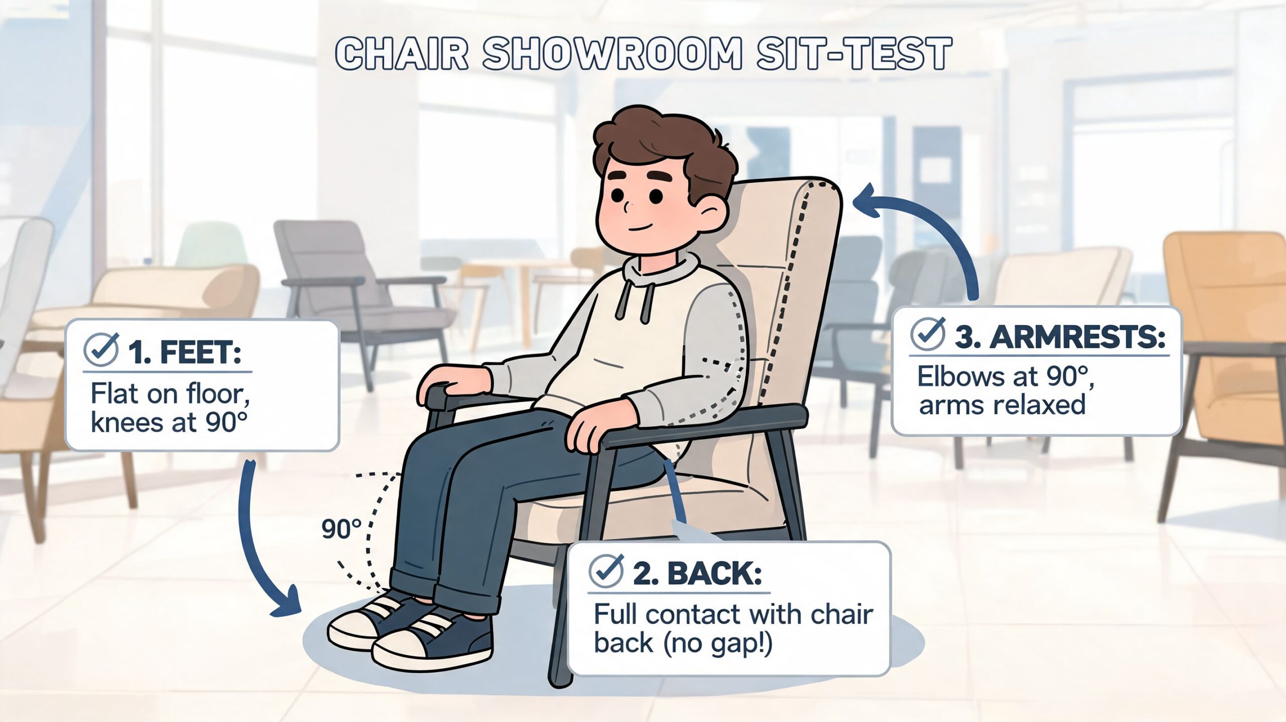 A cartoon illustration showing the proper posture guidelines for testing furniture in a chair showroom.