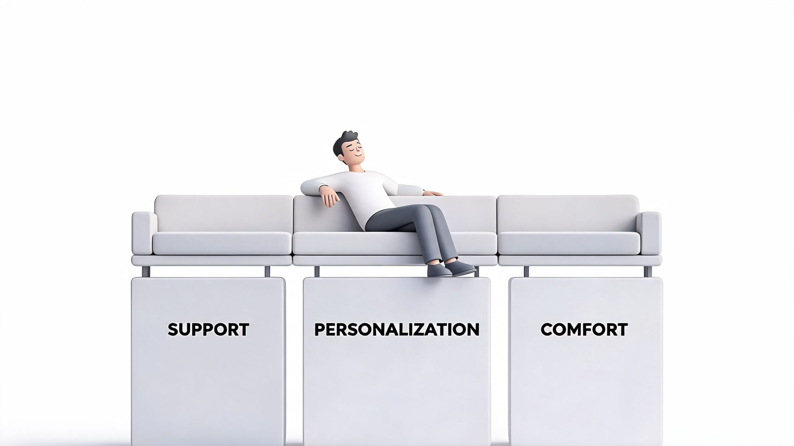 A 3D character relaxing on a modern white couch supported by pillars labeled support, personalization, and comfort.