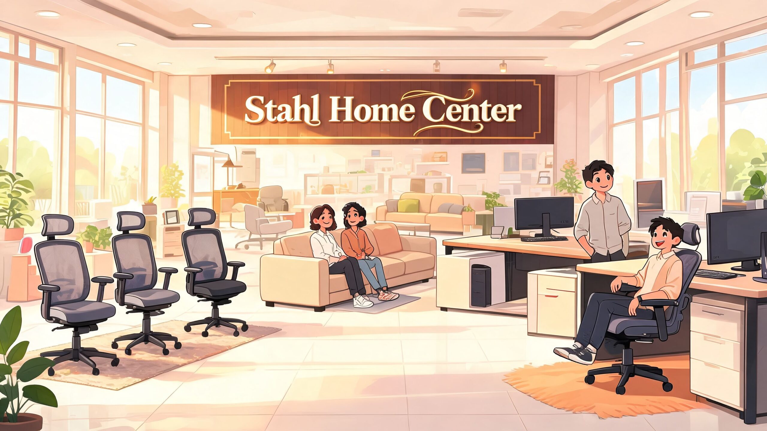 A bright, modern showroom displaying ergonomic office chairs and comfortable sofas at Stahl Home Center.