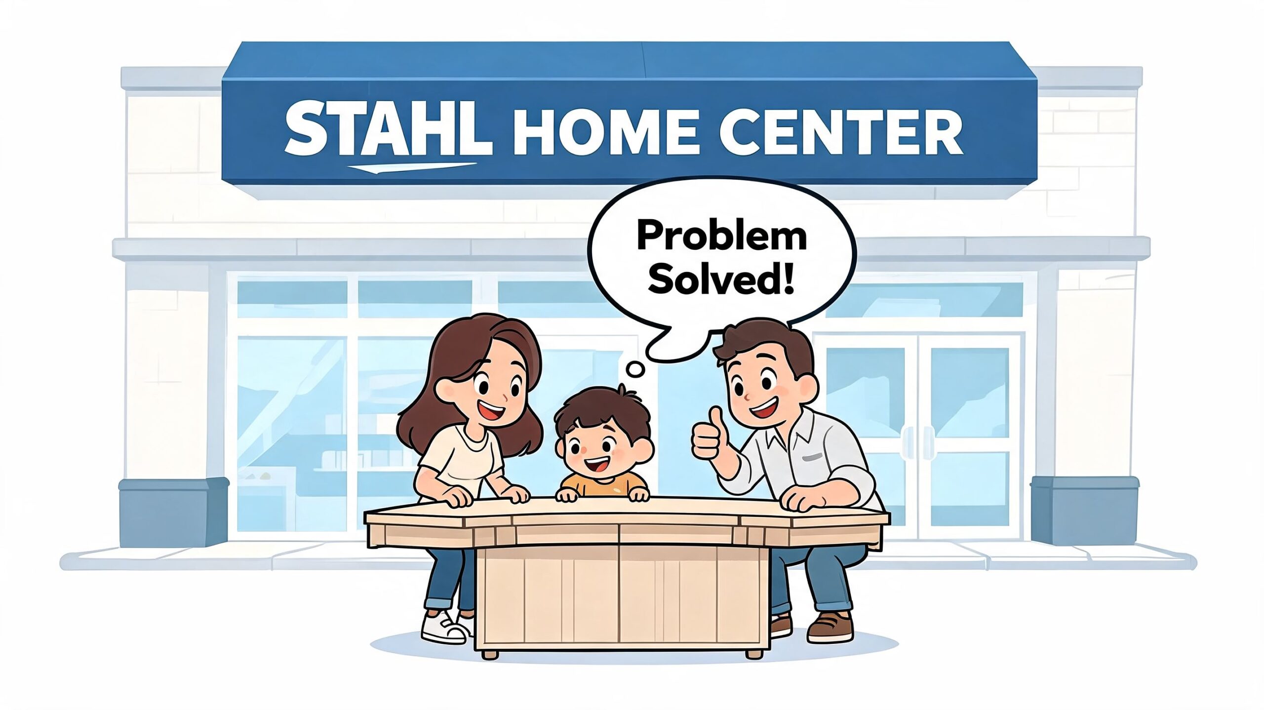 A happy family standing in front of the Stahl Home Center store with a wooden counter table.