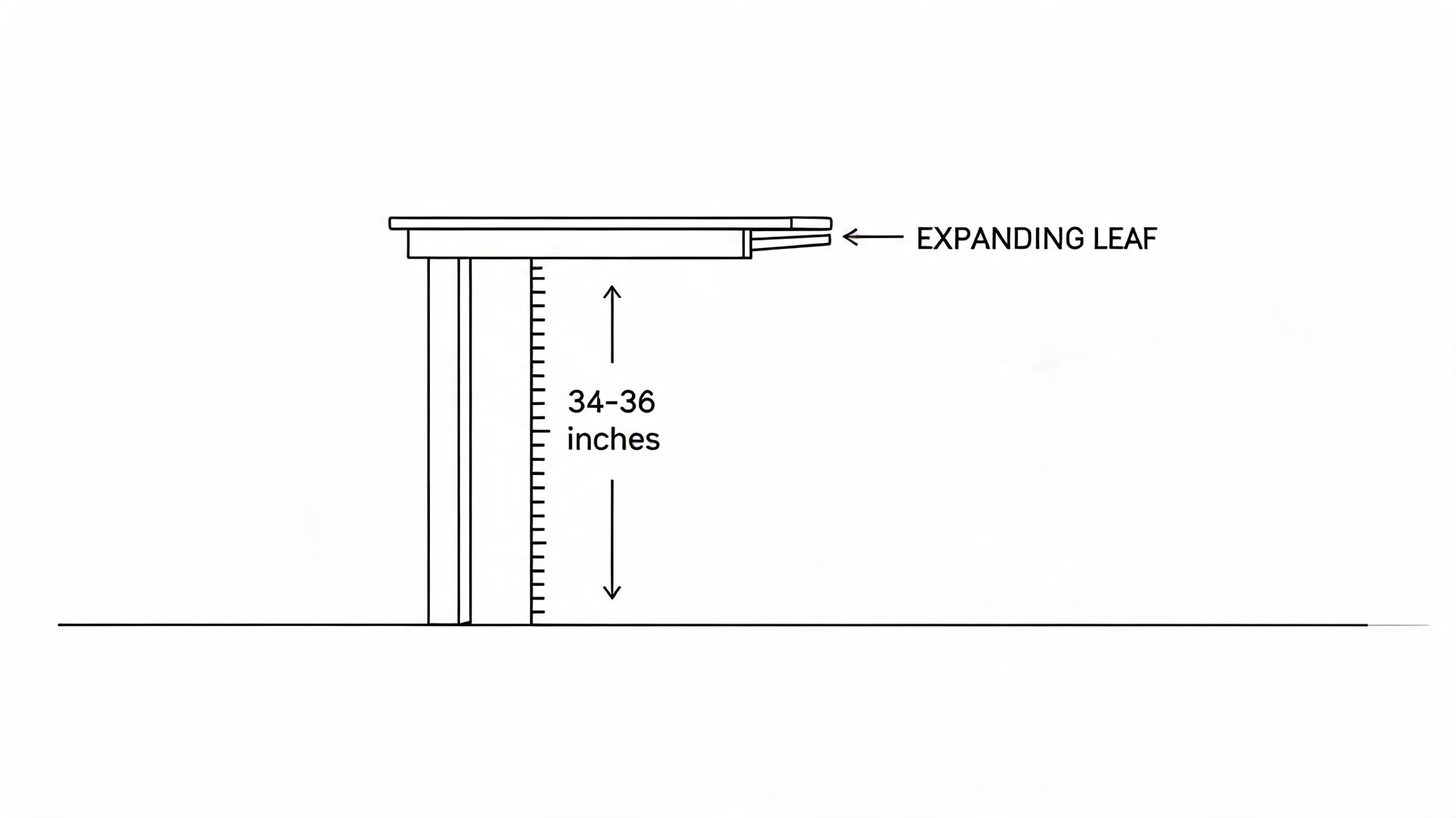 A line drawing showing the side view of an expandable counter height table with a measurement dimension.