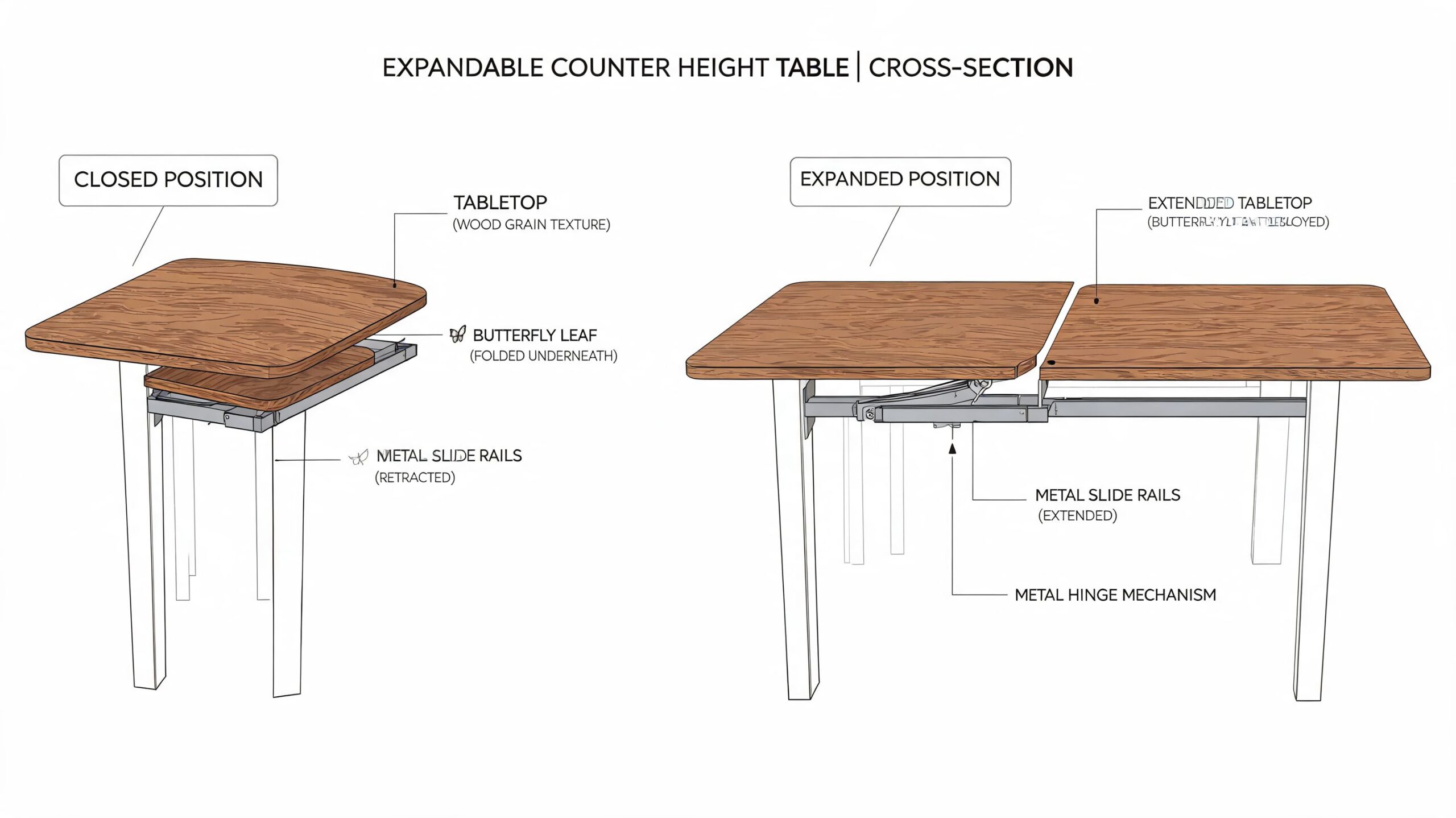 A technical diagram illustrating the mechanical cross-section of an expandable counter height table in closed and expanded positions.