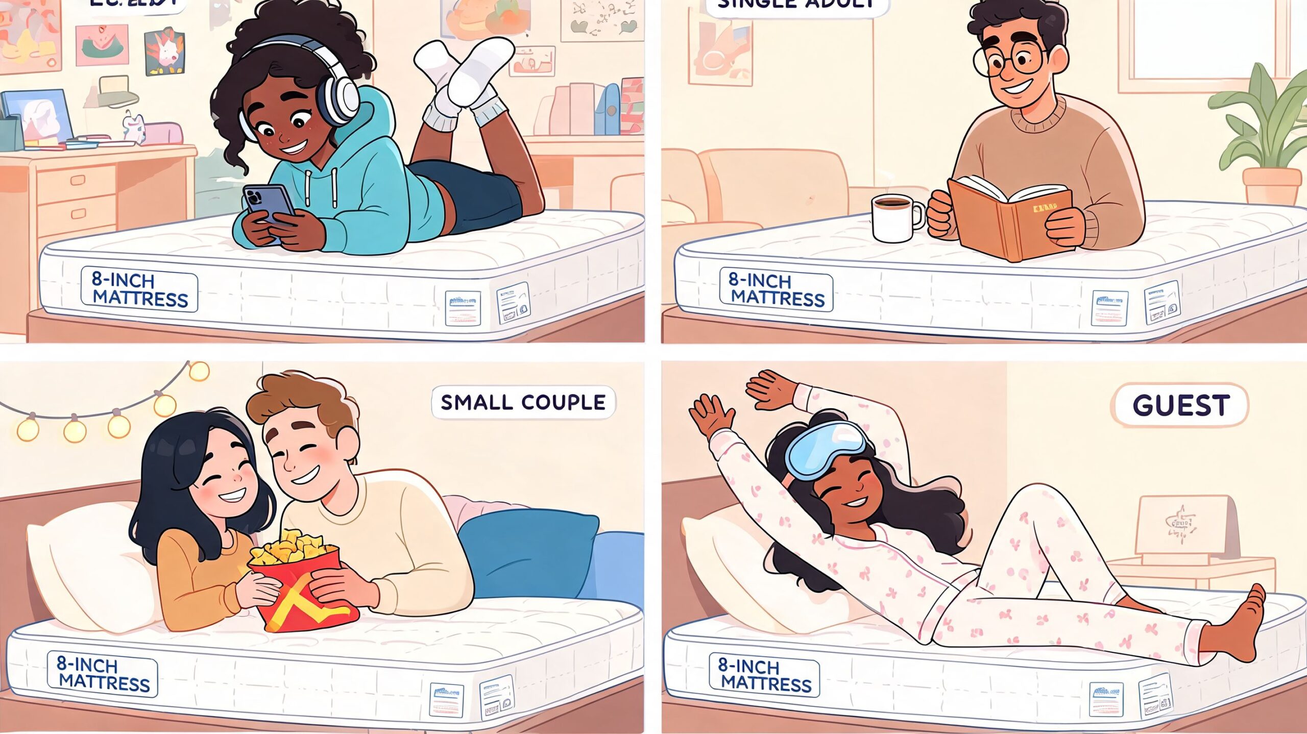 A composite image showing four scenes of different people comfortably using an 8-inch full size mattress.