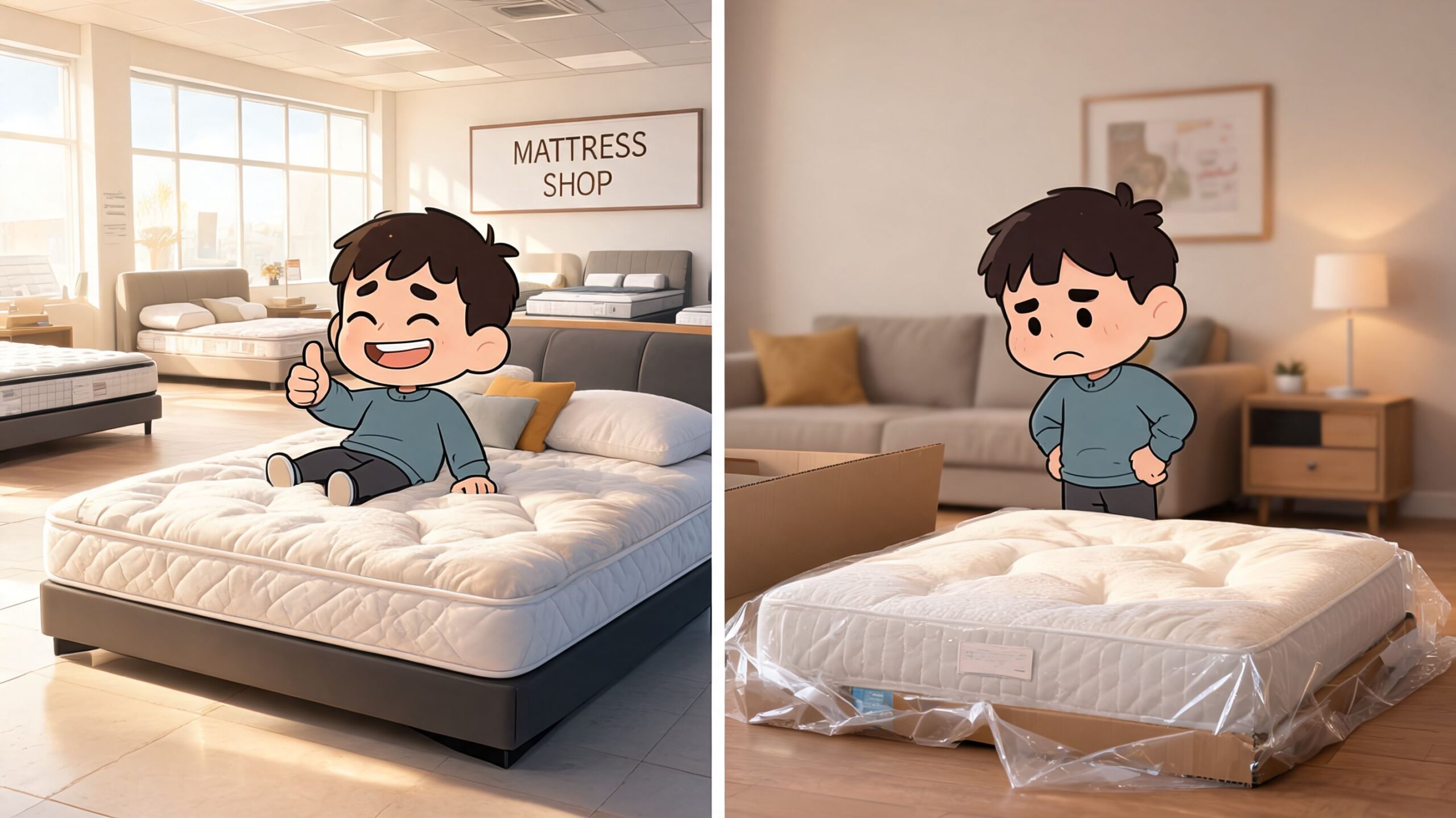 A cartoon boy happily sitting on a mattress in a shop compared to a disappointed boy with a boxed mattress.