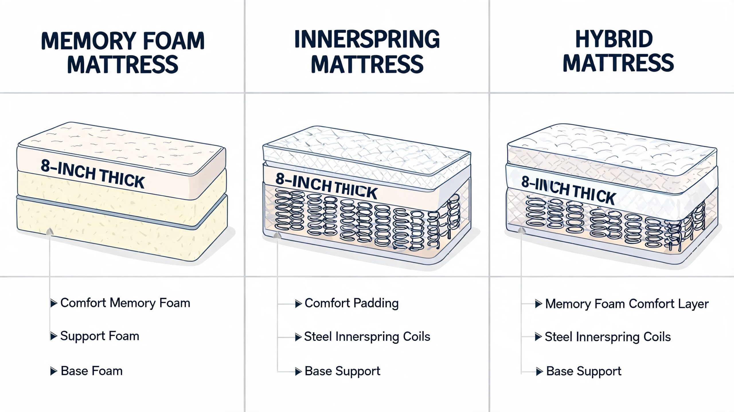 A comparison infographic showing the internal layers of a memory foam, innerspring, and hybrid mattress.