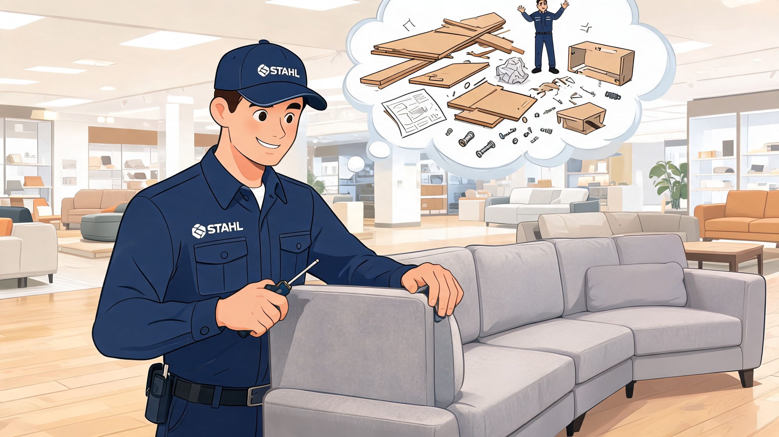 A professional furniture assembly technician in a blue uniform working on a grey sectional sofa.