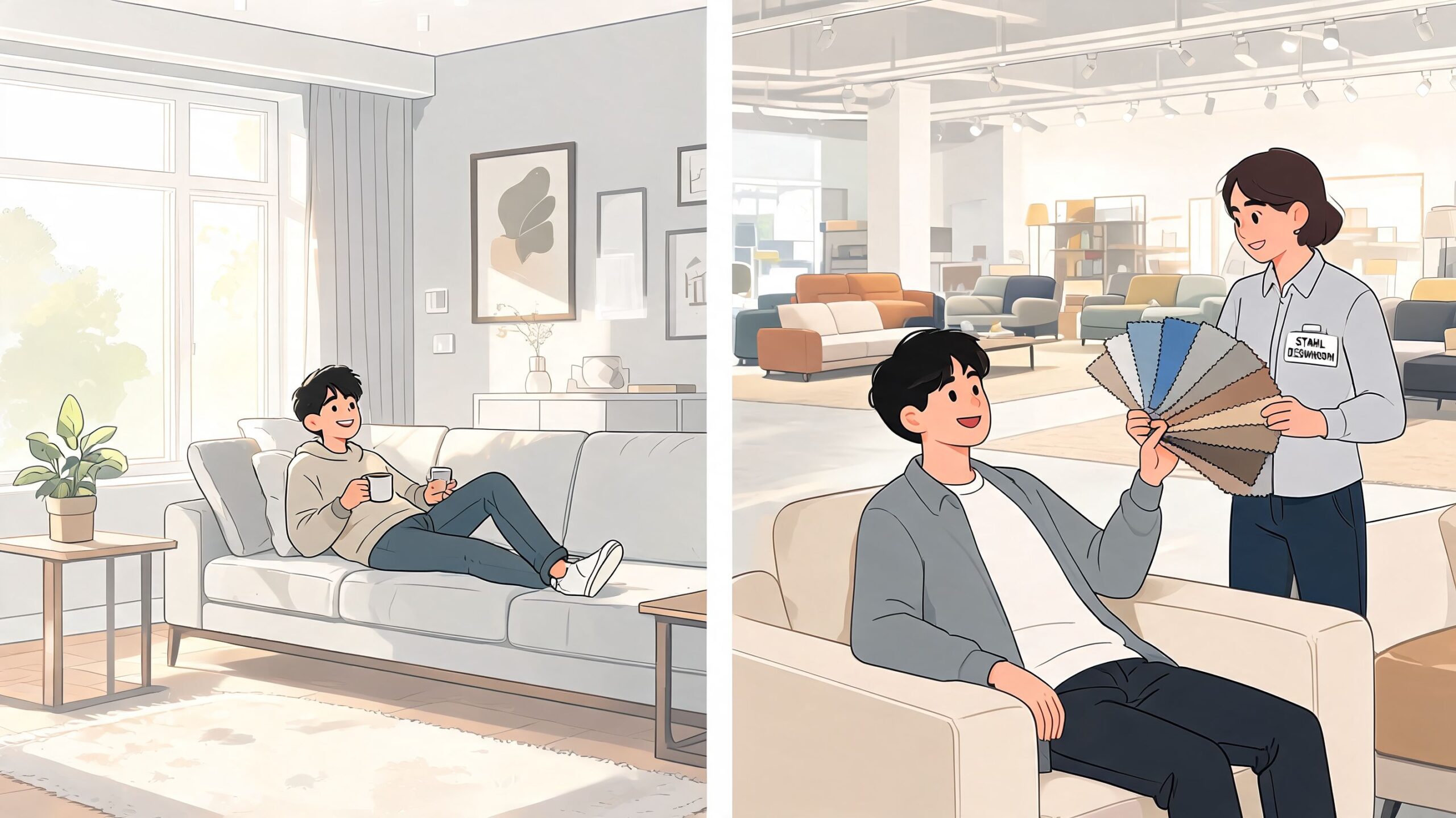 A split-screen illustration showing a man relaxing on a couch at home and choosing furniture fabrics at a store.