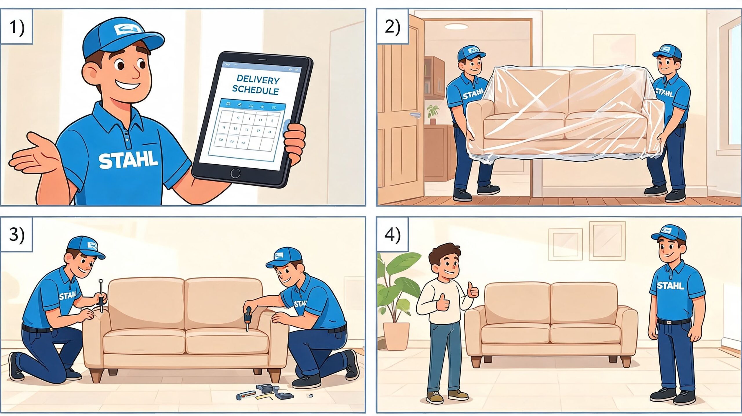Stahl delivery staff scheduling, transporting, assembling, and completing a professional furniture delivery for a happy customer.