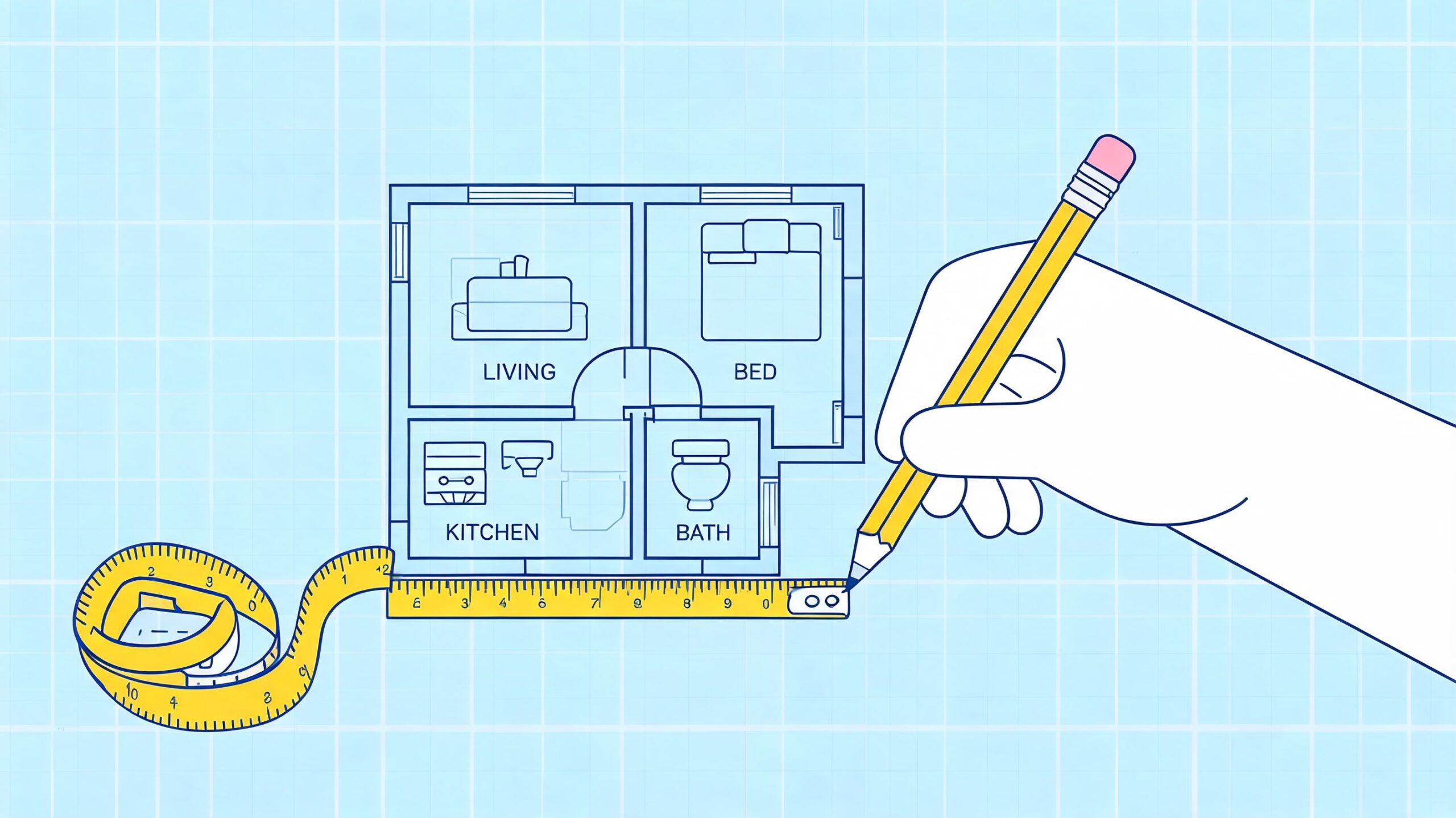 A hand drawing a floor plan blueprint of an apartment with a measuring tape and pencil.