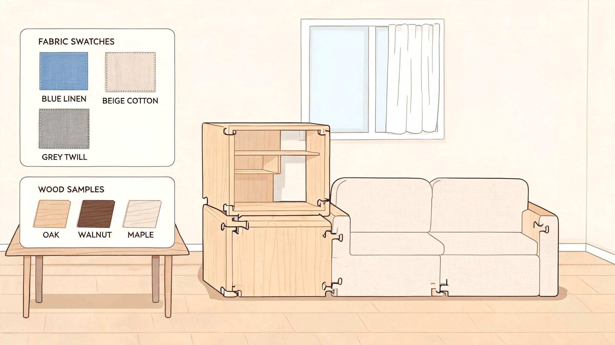 A minimalist interior design concept showing modular furniture pieces, wood samples, and fabric swatches in a living room.