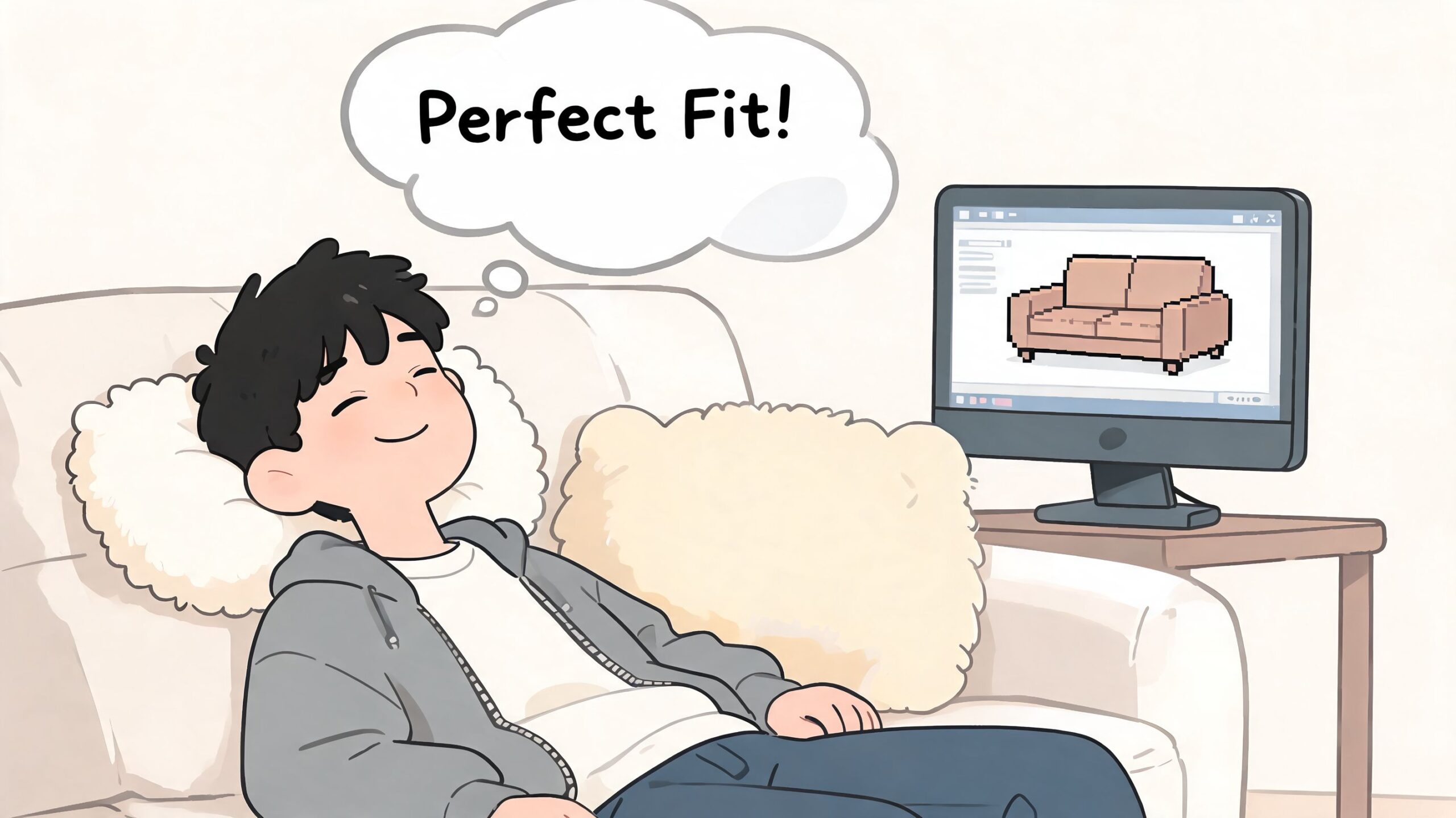 A happy young man relaxing on a couch while looking at a sofa design on his computer monitor.