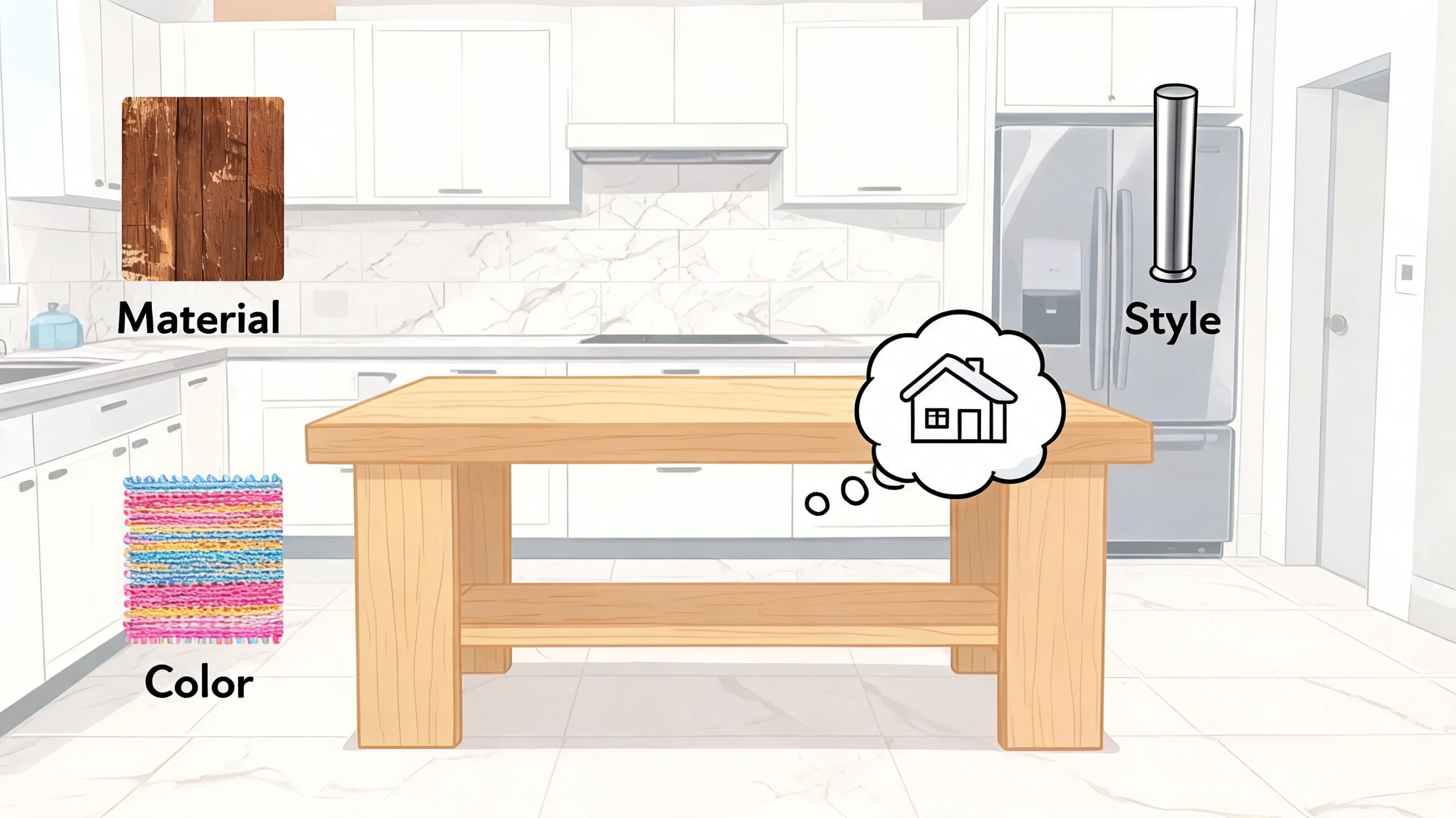An illustration of a wooden kitchen island with icons for material, style, and color customization options.