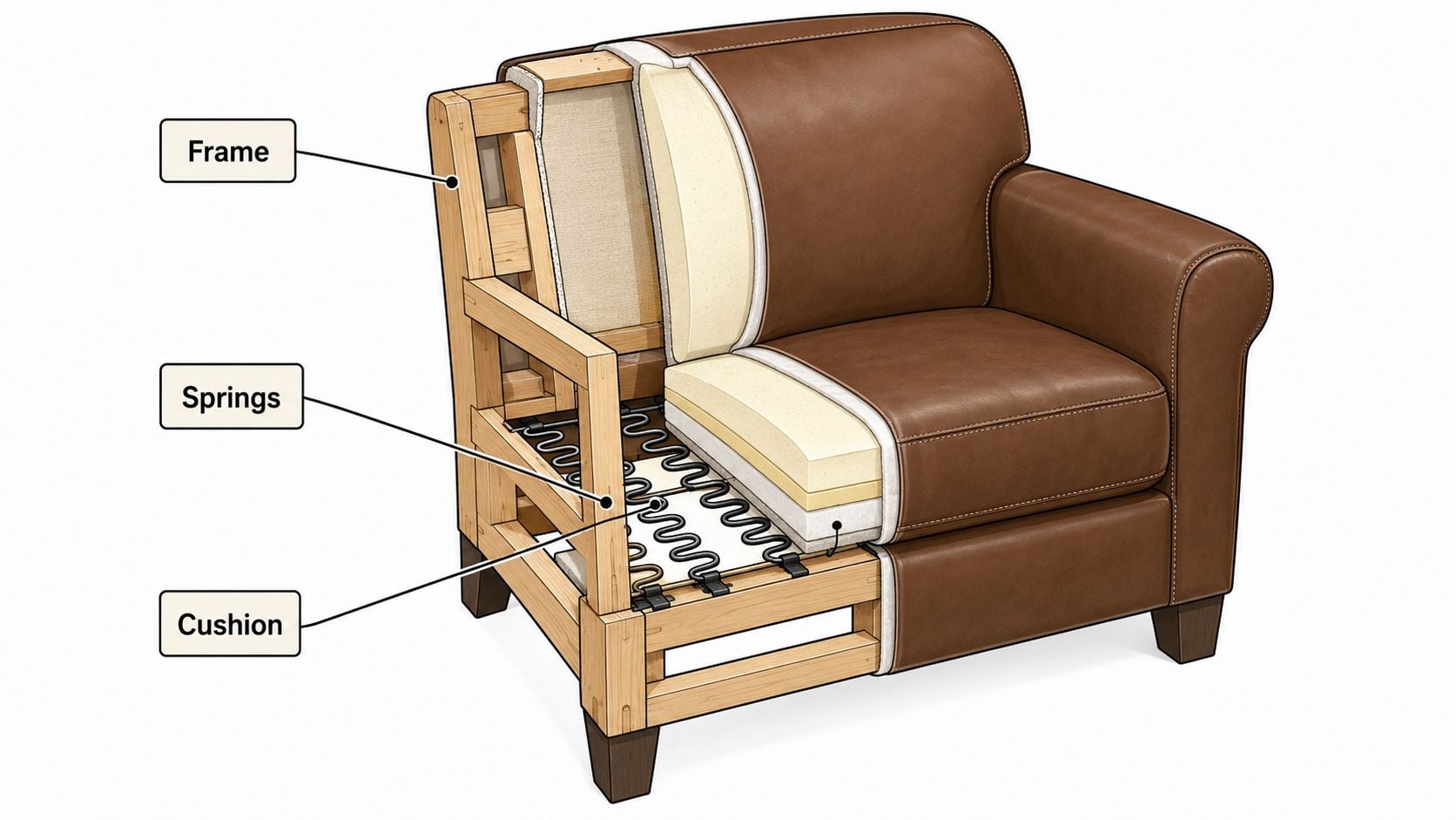 A cutaway view of an armchair showing its internal wooden frame, springs, and cushioned padding construction.