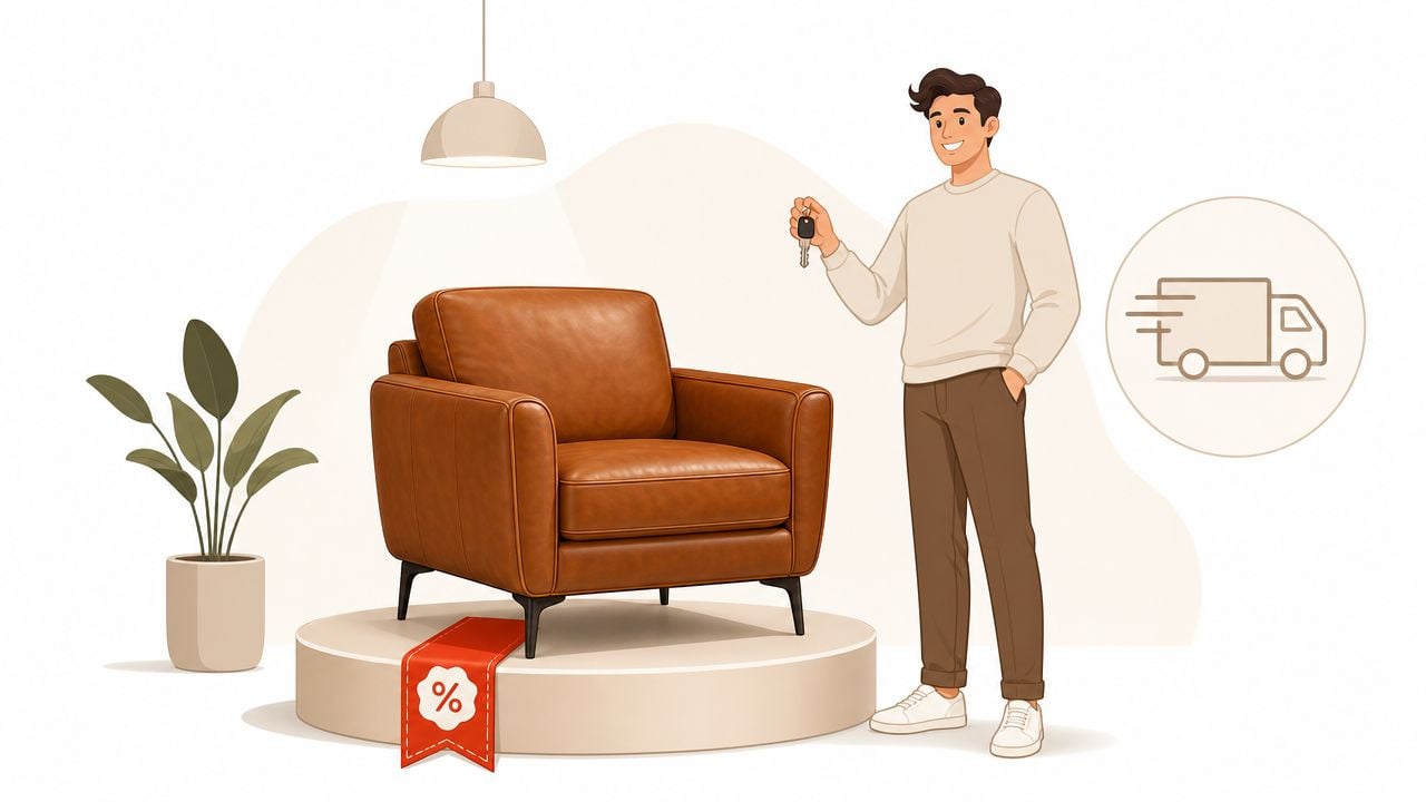 A man holds keys next to a premium brown leather armchair displayed on a premium brown leather armchair displayed on a sale podium.