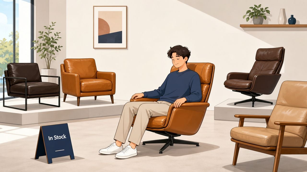 A young man sitting comfortably in a brown leather recliner within a modern furniture store showroom.