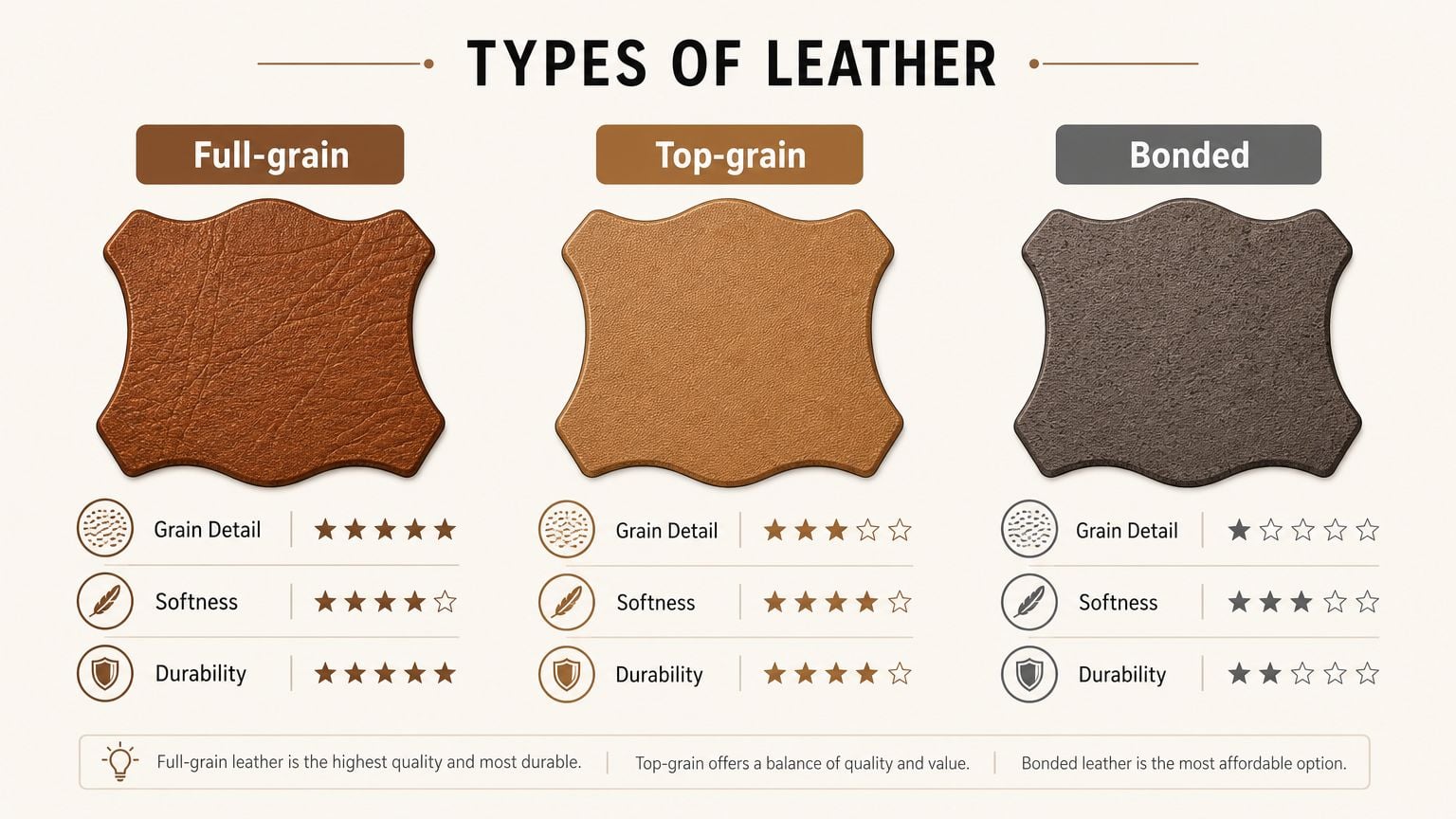 An infographic showing the quality, softness, and durability comparison between full-grain, top-grain, and bonded leather types.