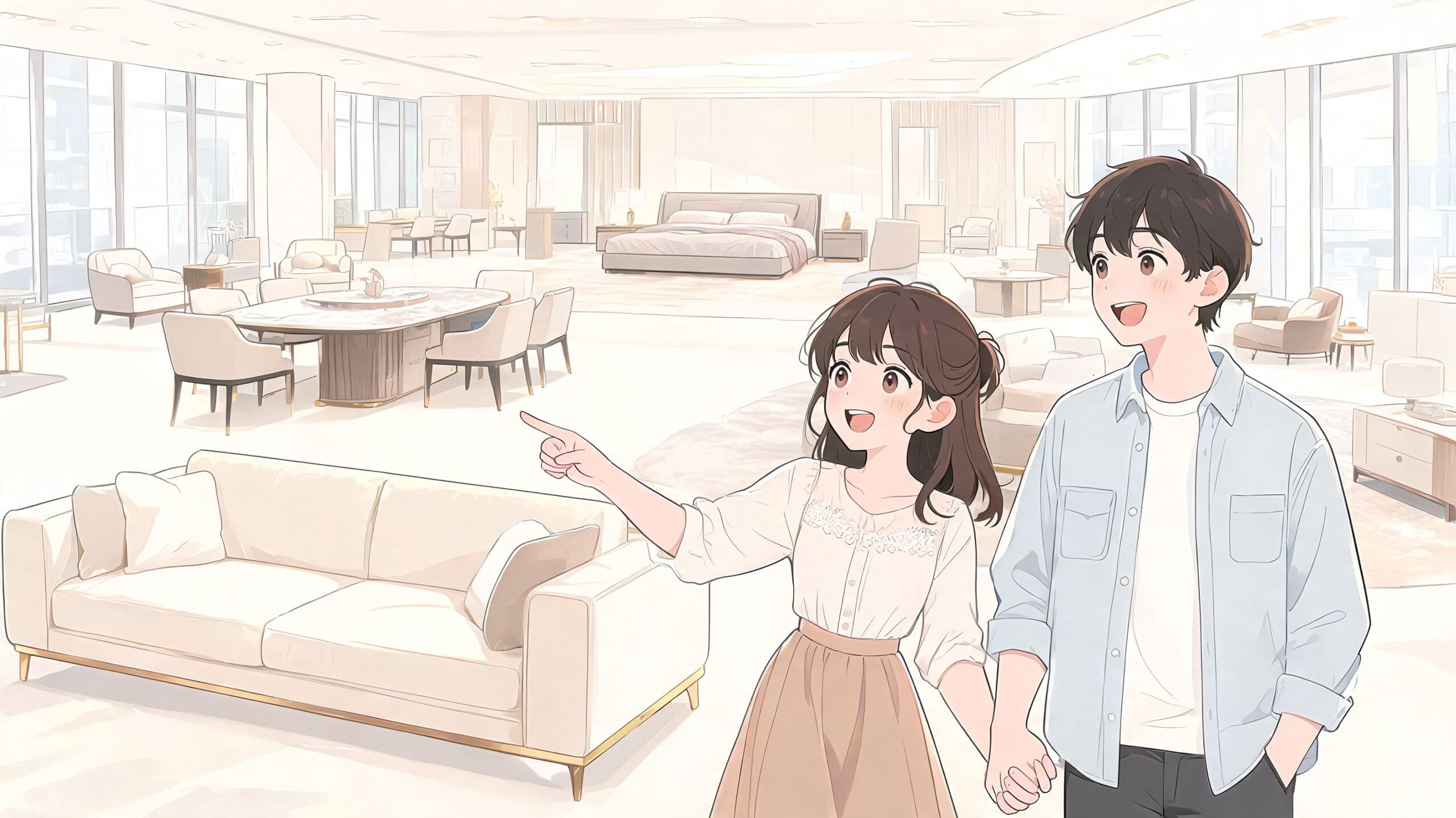 A happy young couple holding hands and looking at furniture in a bright, modern luxury showroom.
