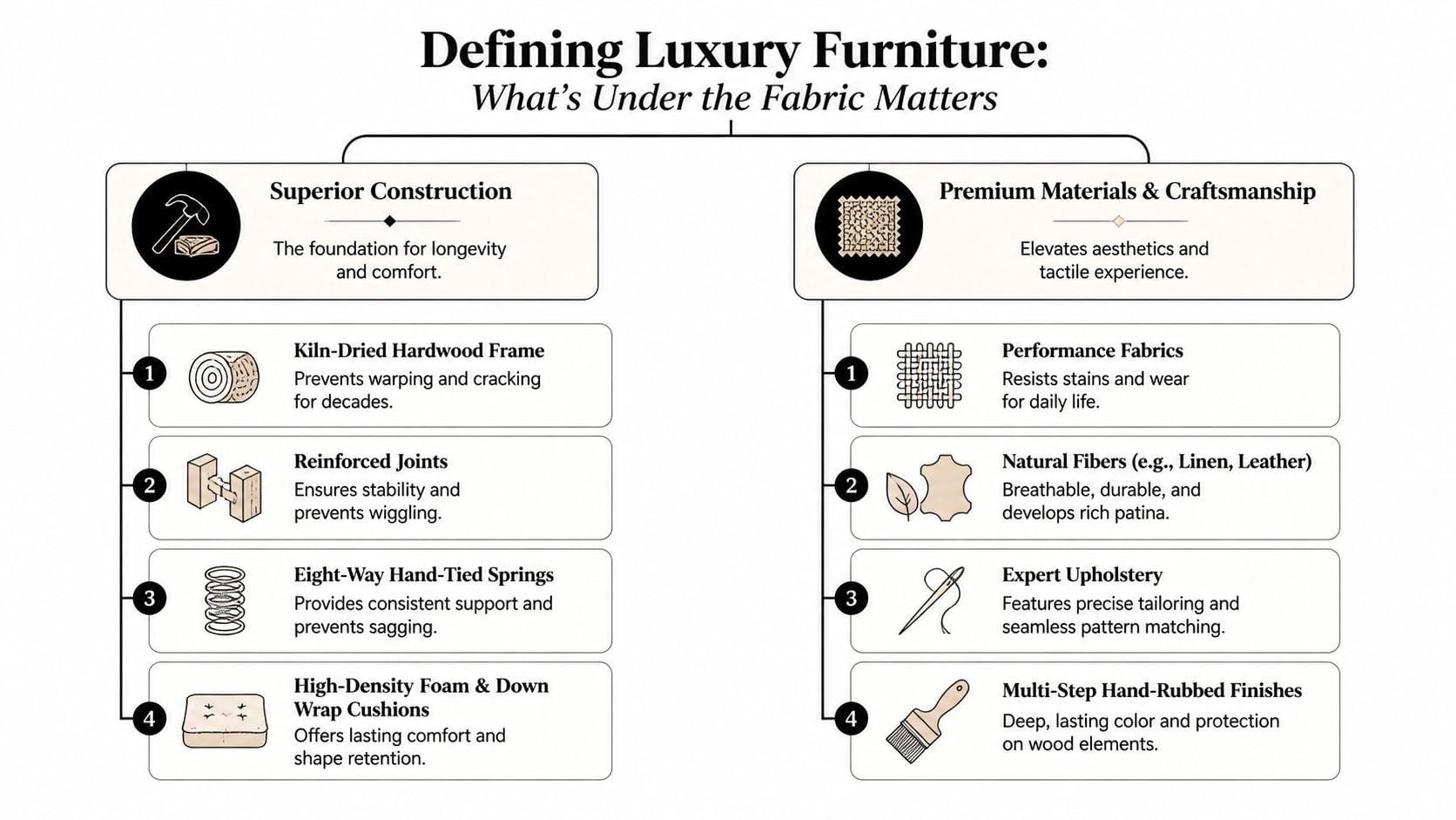 An infographic detailing essential components of luxury furniture, including construction quality and premium material craftsmanship.