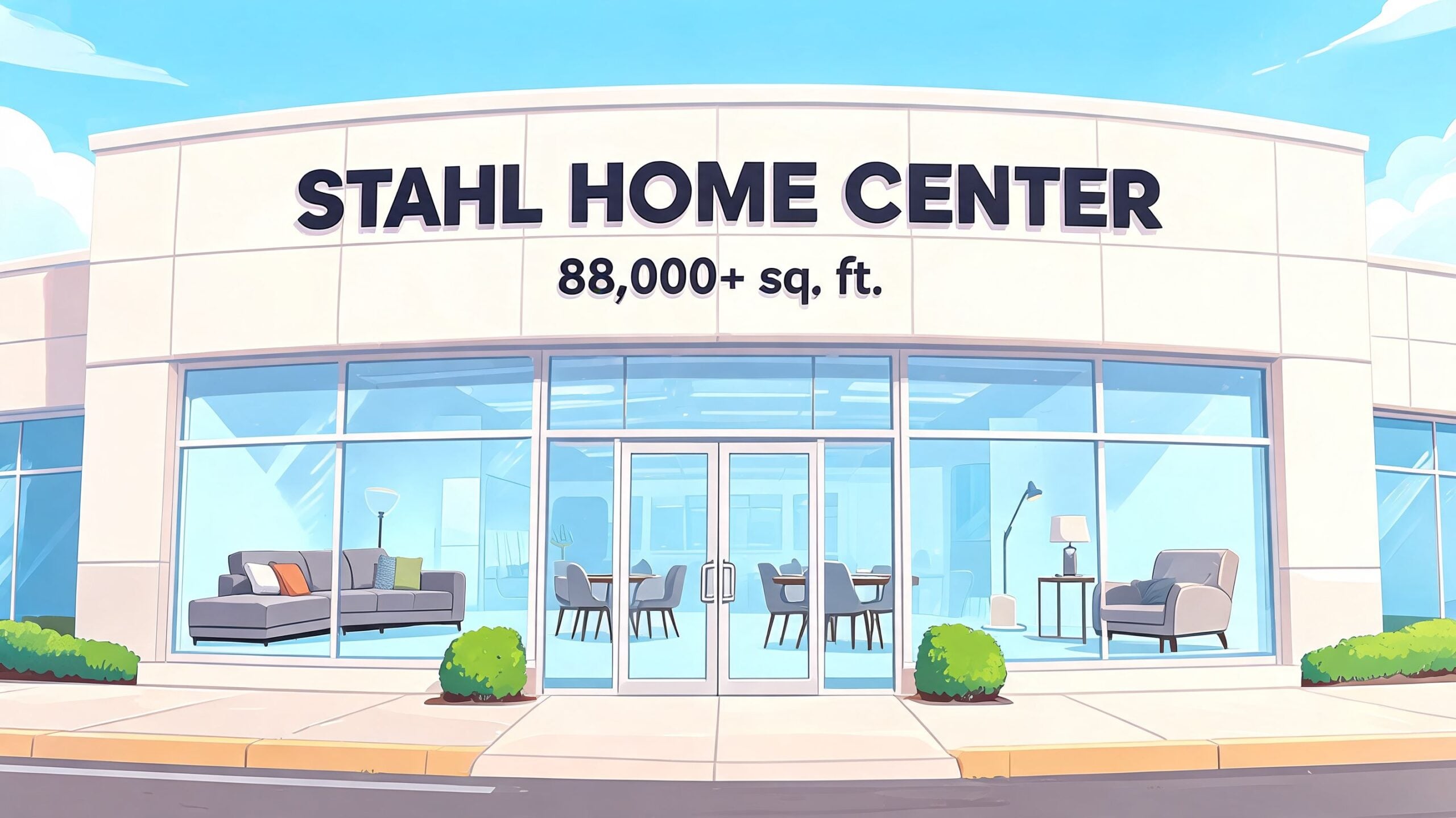 Exterior view of the modern Stahl Home Center building showcasing luxury furniture in the glass windows.