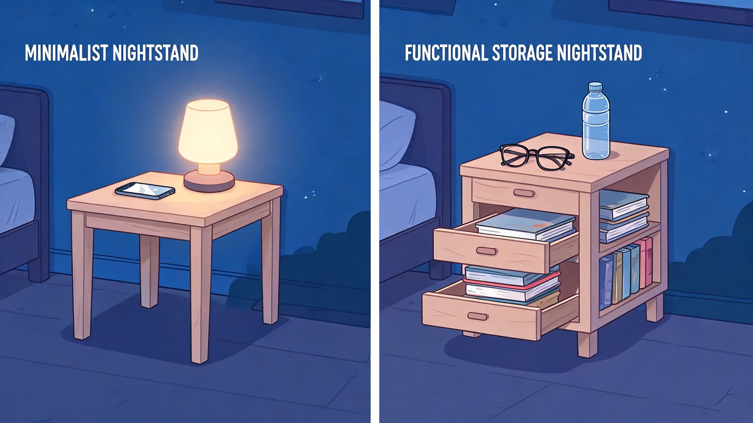 A comparison illustration between a simple minimalist nightstand and a functional bedside table with storage drawers.