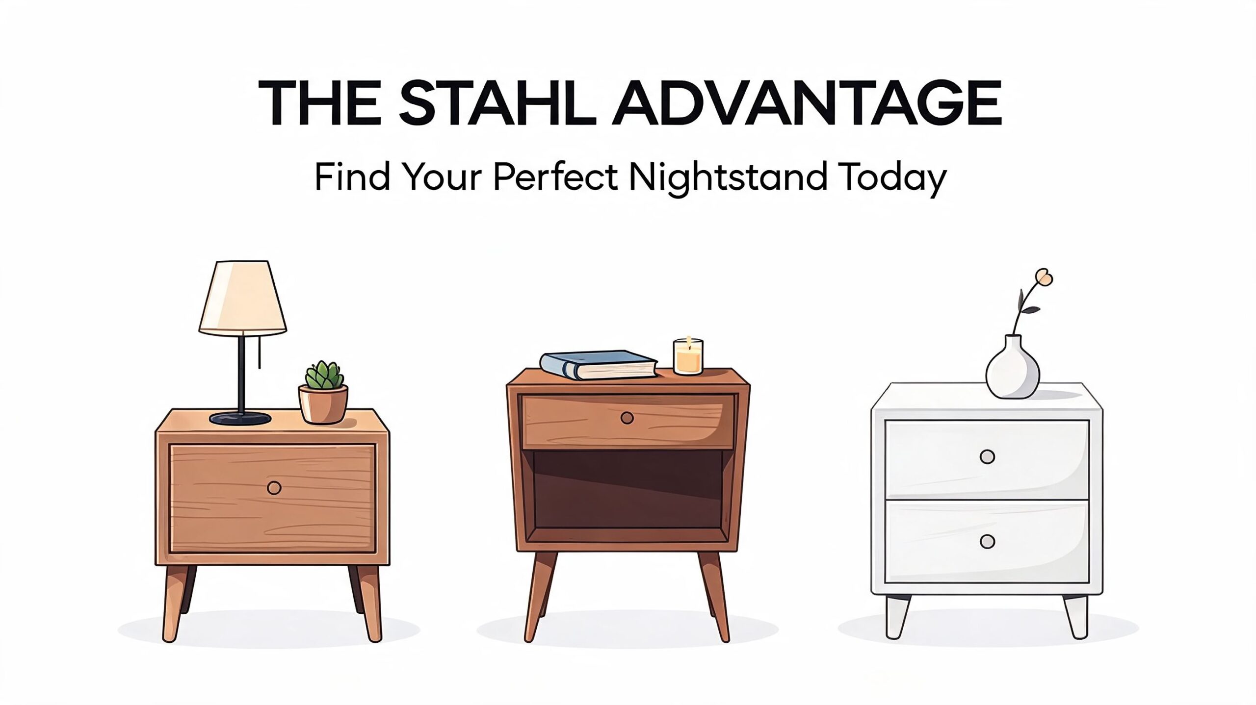 A digital illustration showing three different styles of modern nightstands with a lamp, plants, and decor.