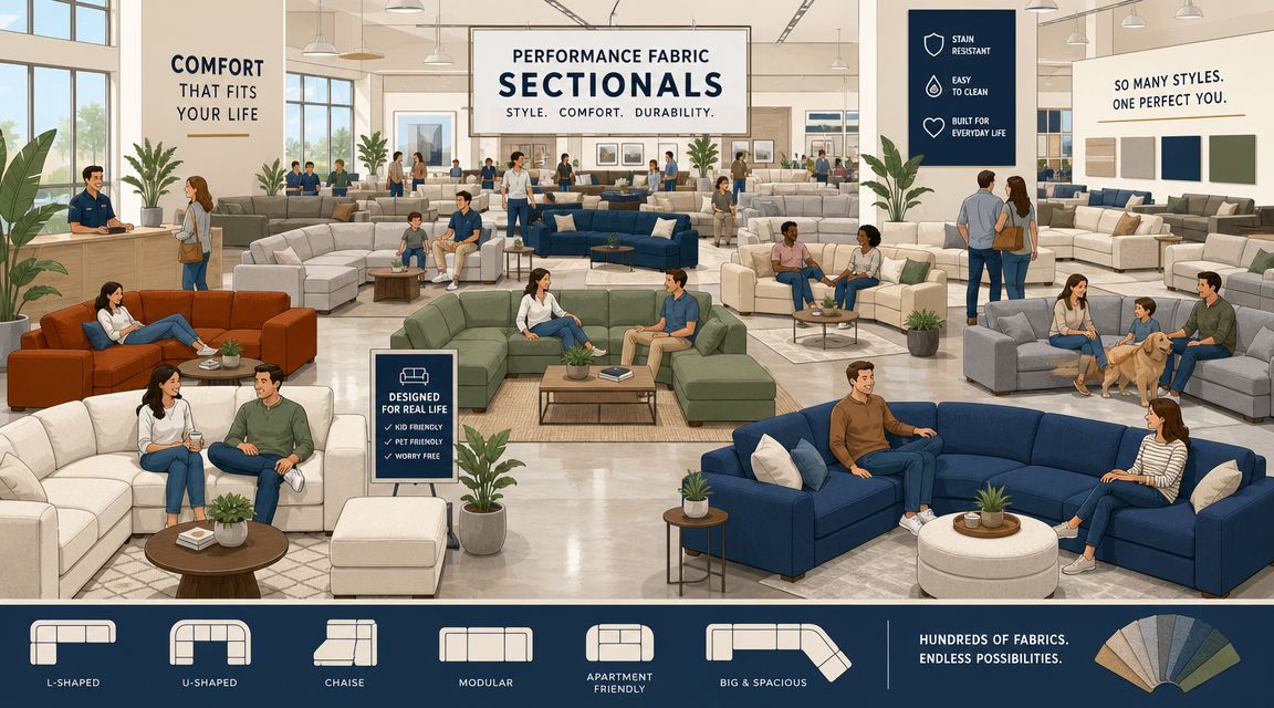 A brightly lit furniture showroom displaying various performance fabric sectionals with diverse people shopping and relaxing.