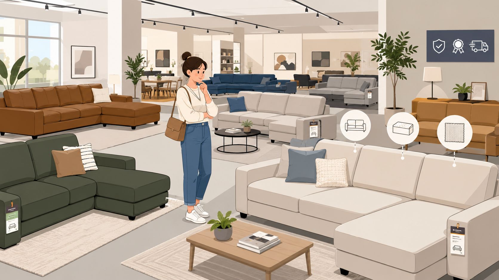 A woman shopping for performance fabric sectionals in a modern, bright furniture store showroom.