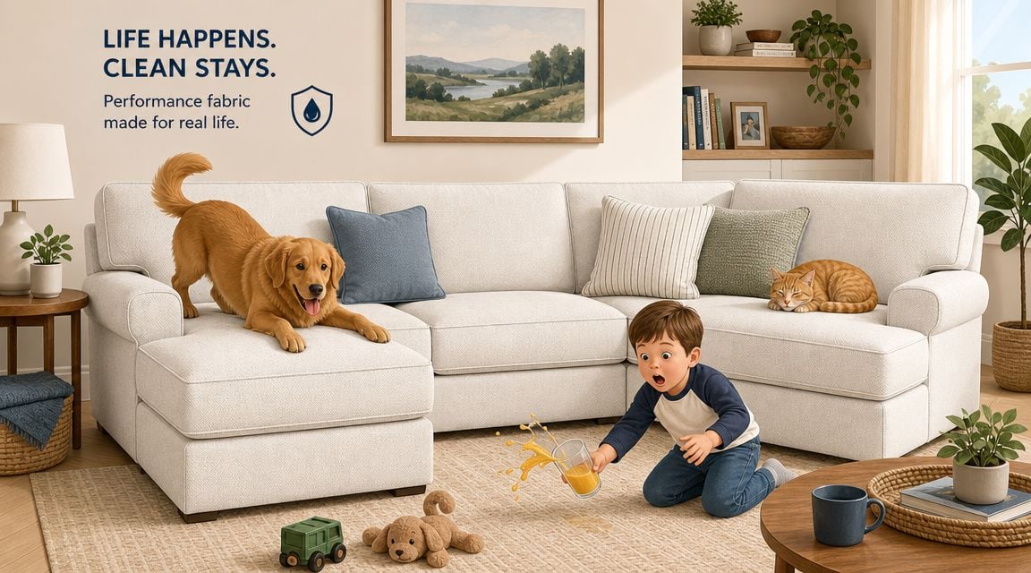 A young boy spills orange juice near a dog and a cat on a white performance fabric sectional sofa.