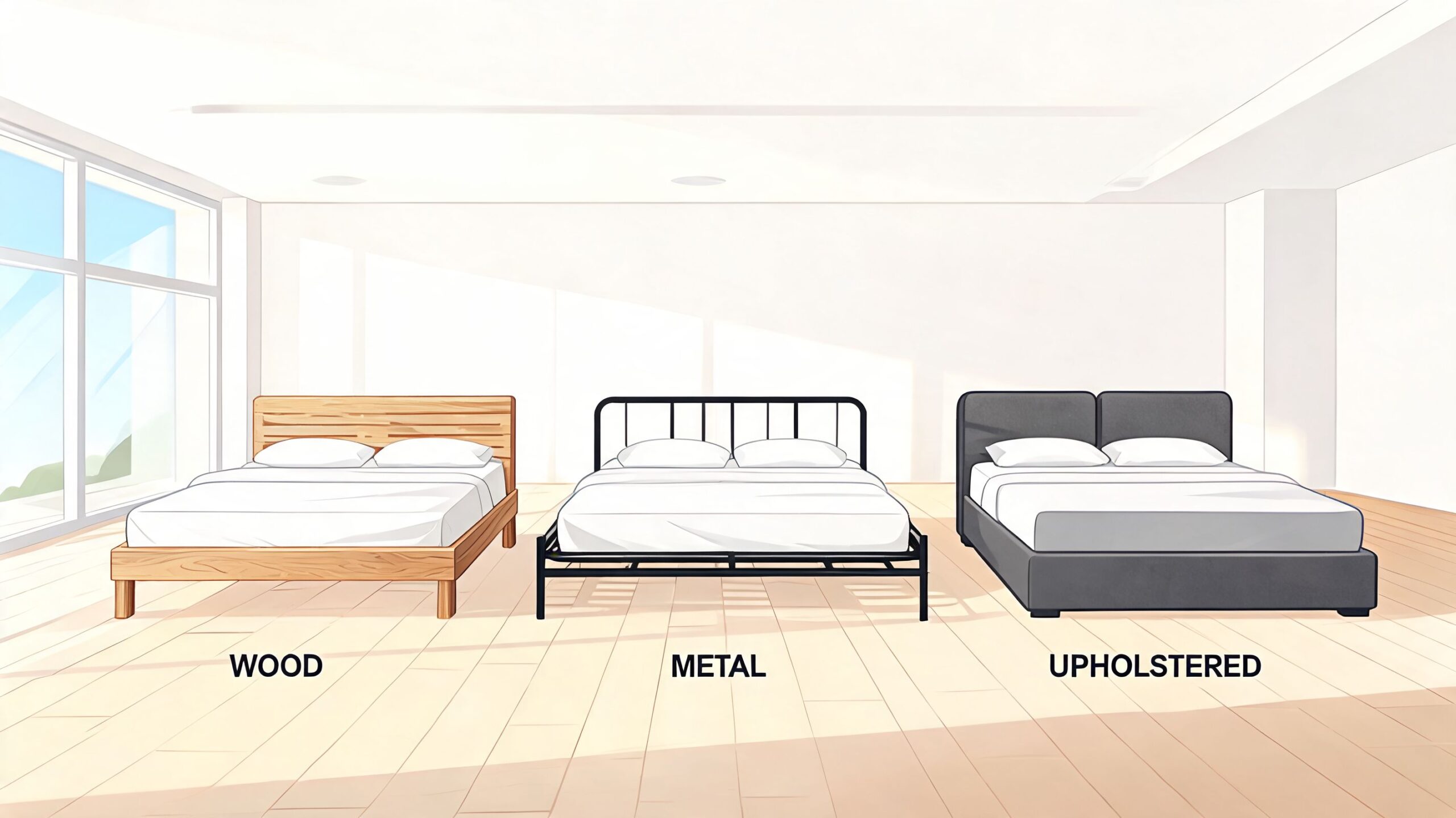 Three different types of platform beds, wood, metal, and upholstered, are arranged in a modern bedroom interior.