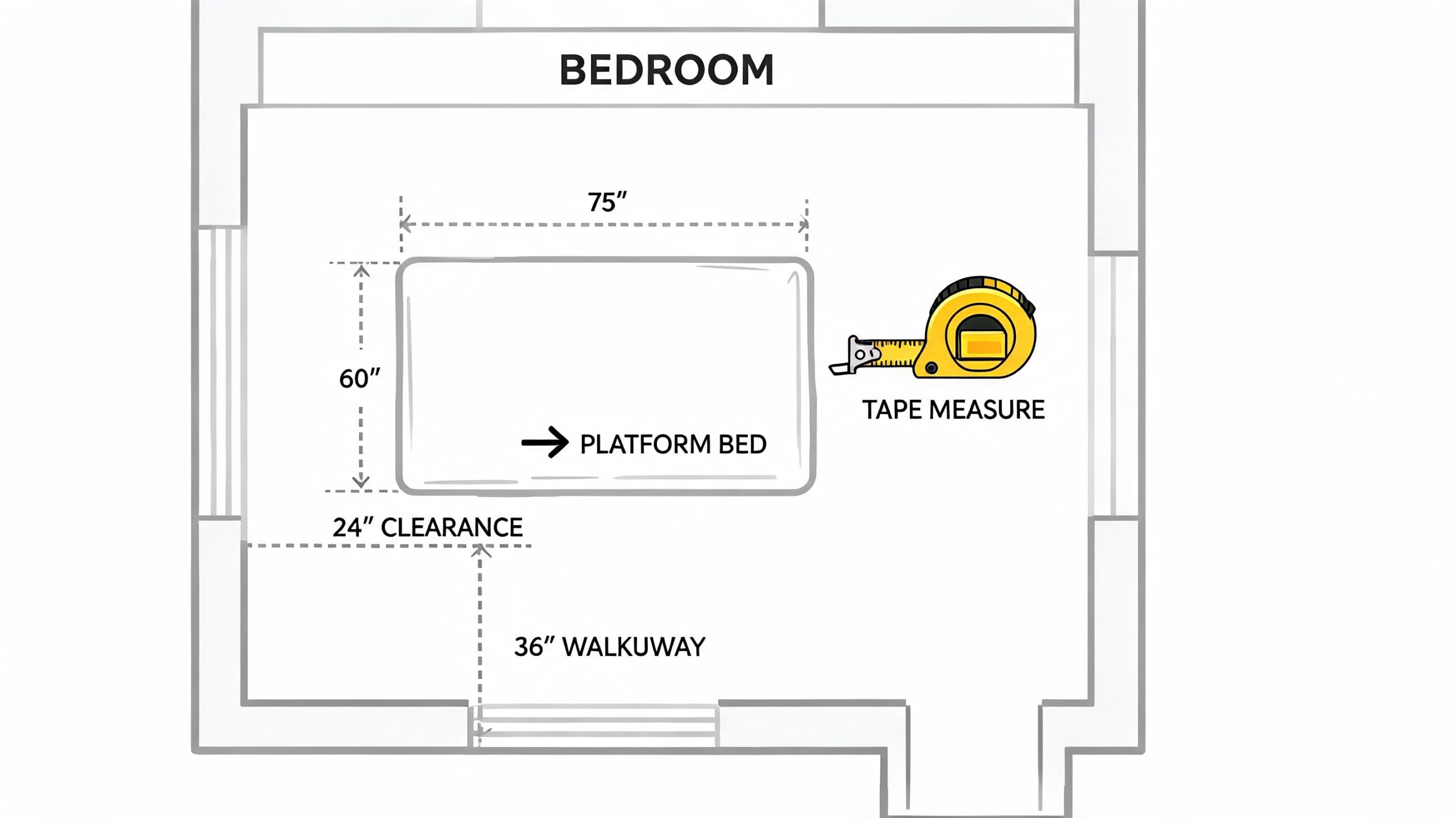 A floor plan diagram of a bedroom showing the dimensions of a platform bed and surrounding clearance.