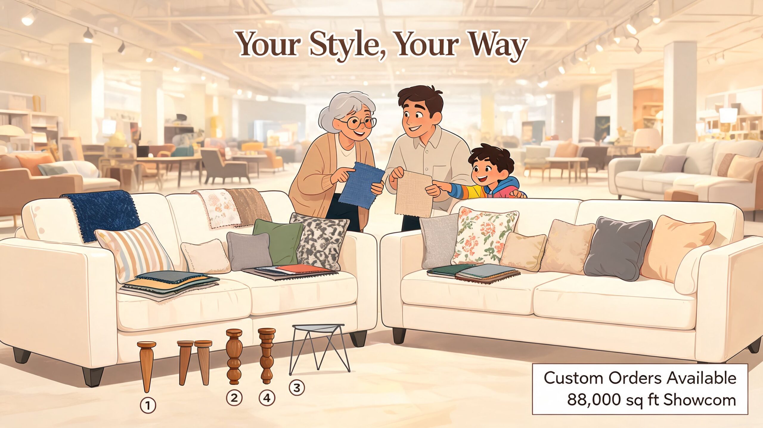 A family picking out fabric swatches and furniture legs for their new sofa and loveseat.