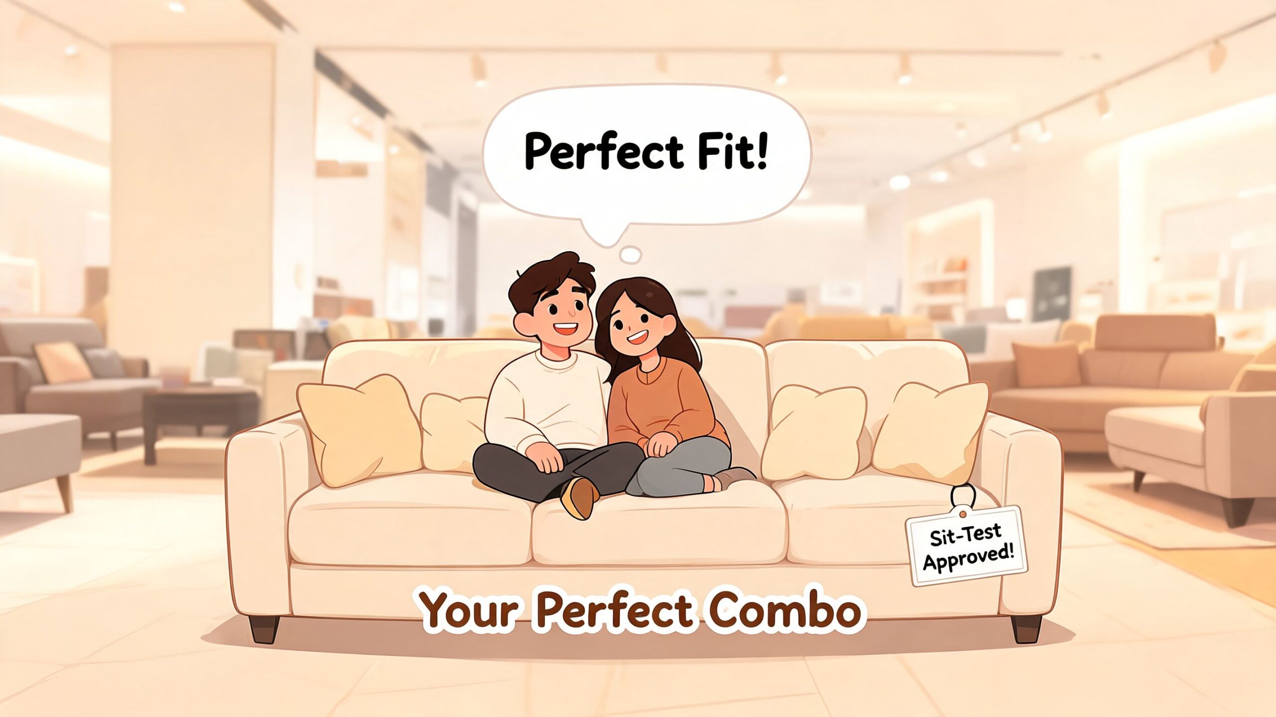 A happy couple sitting on a cozy light-colored sofa in a furniture store showroom with a thought bubble.