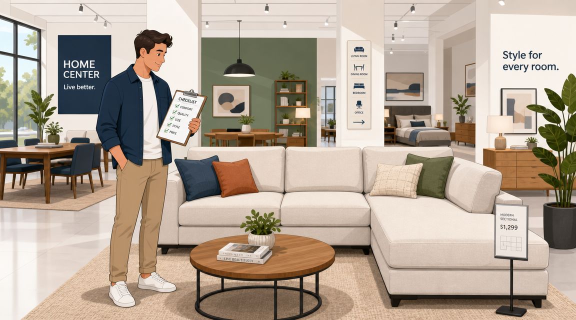 A man in a furniture store holding a checklist while standing next to a modern sectional sofa.
