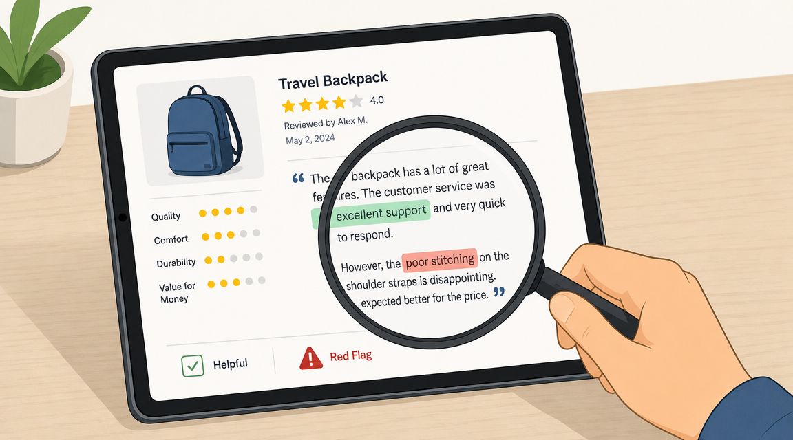A hand holding a magnifying glass over a digital product review of a travel backpack on a tablet.